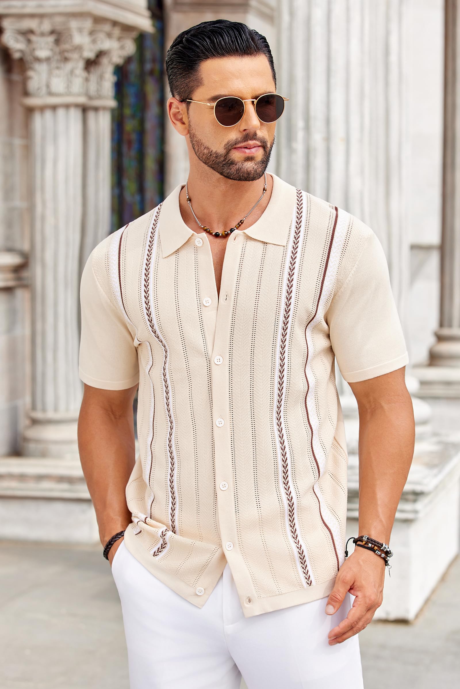 COOFANDY Knit Shirts for Men Casual Short Sleeve Button Down Shirts Summer Beach Stretch Fit Collared Shirts