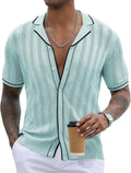 Men's Knit Button Down Shirt Short Sleeve Vintage Knitted Striped Summer Beach Tops S-XXL