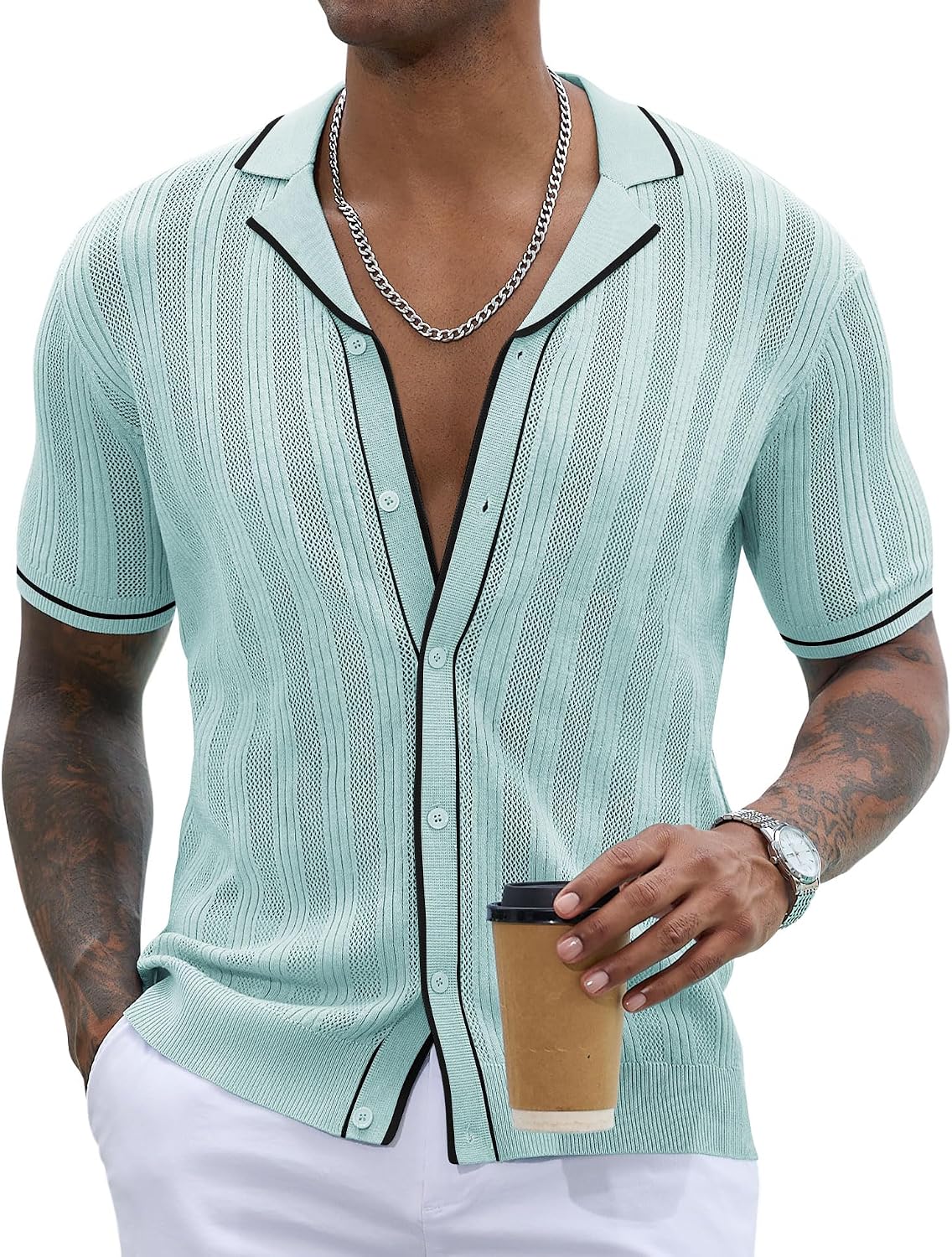 Men's Knit Button Down Shirt Short Sleeve Vintage Knitted Striped Summer Beach Tops S-XXL