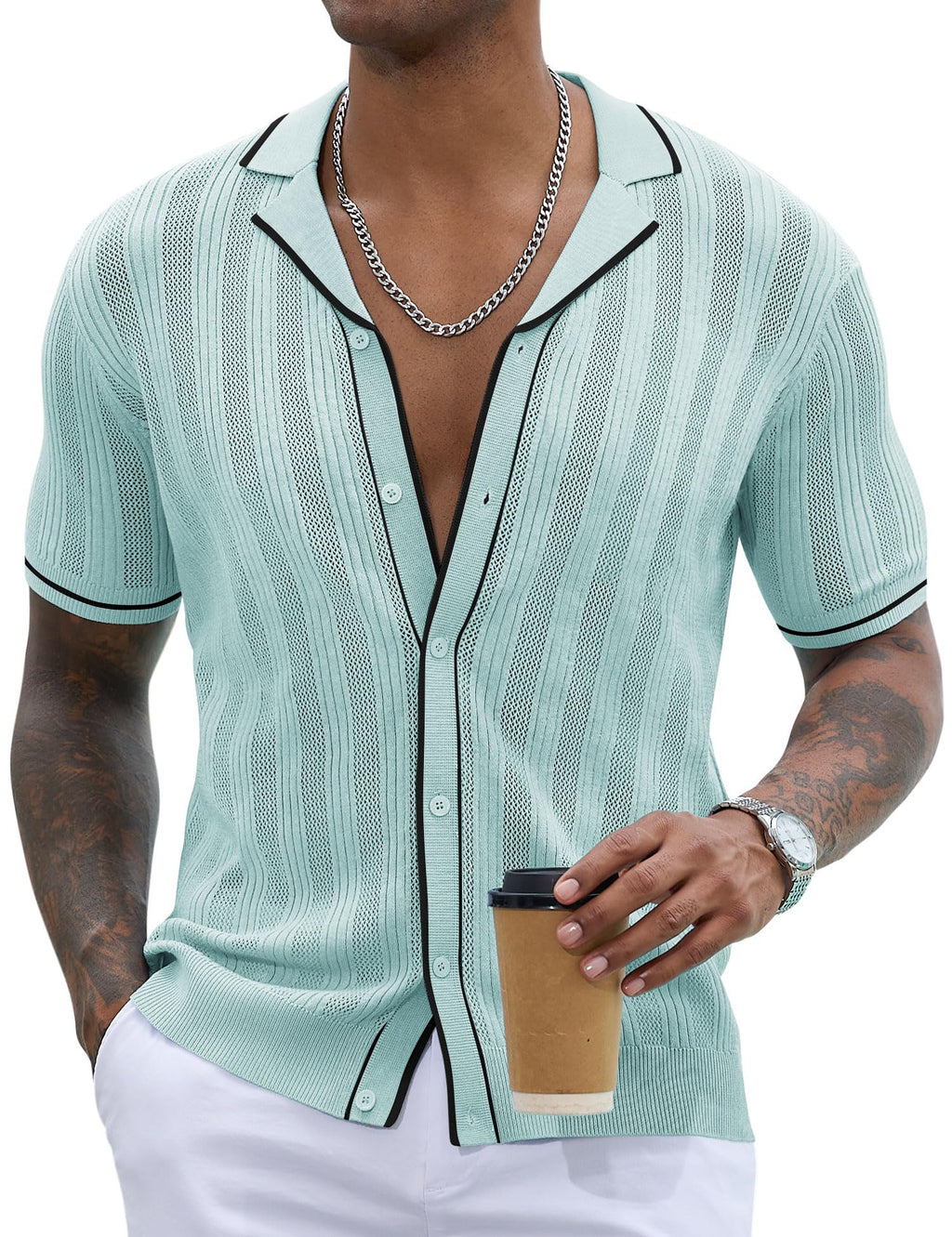 Men's Knit Button Down Shirt Short Sleeve Vintage Knitted Striped Summer Beach Tops S-XXL