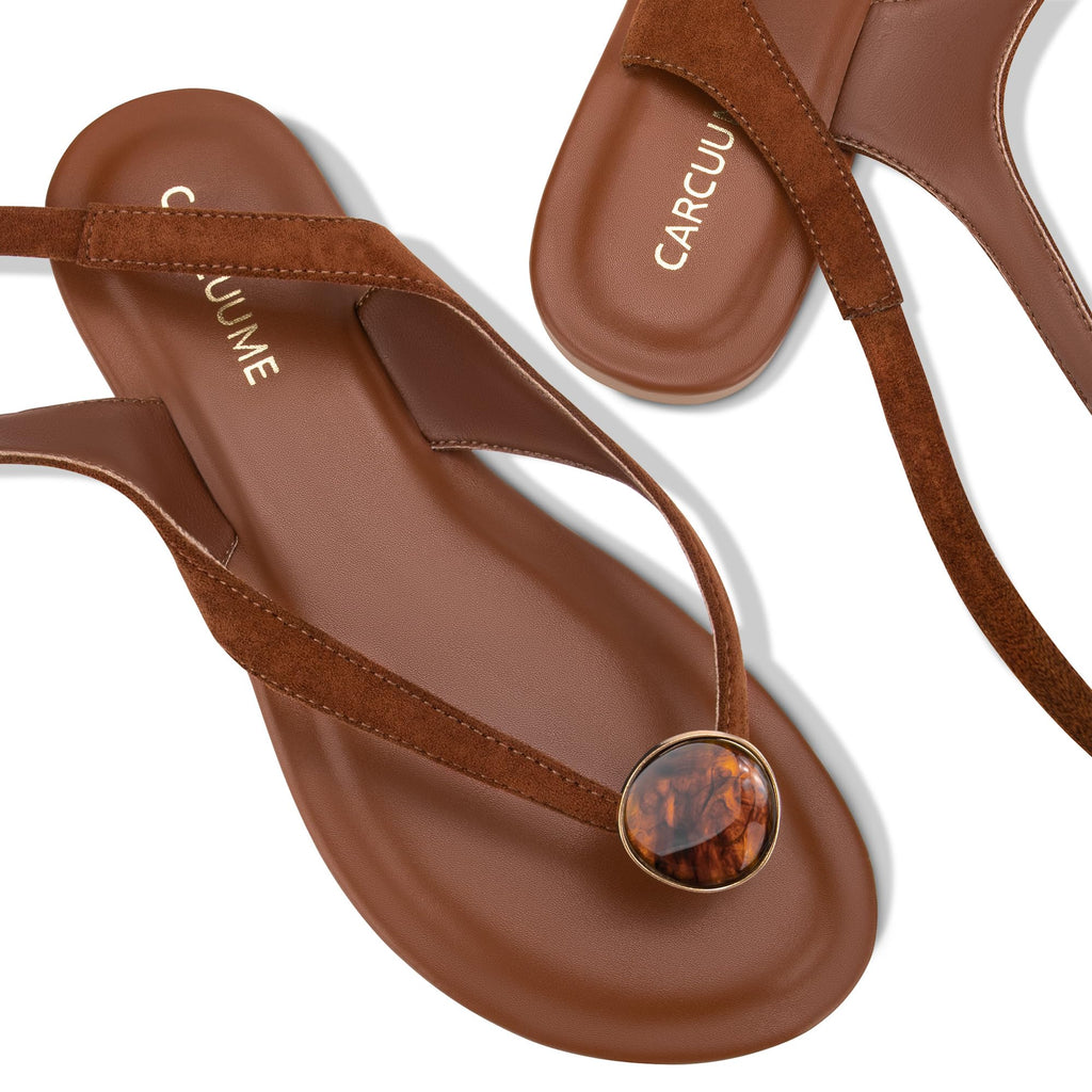 Carcuume Women's Suede Flat Sandals with Metallic Accents Adjustable Strappy Flip Flops for Beach Vacation Casual Outings Cushioned Dressy Slides,MOLAZY-00