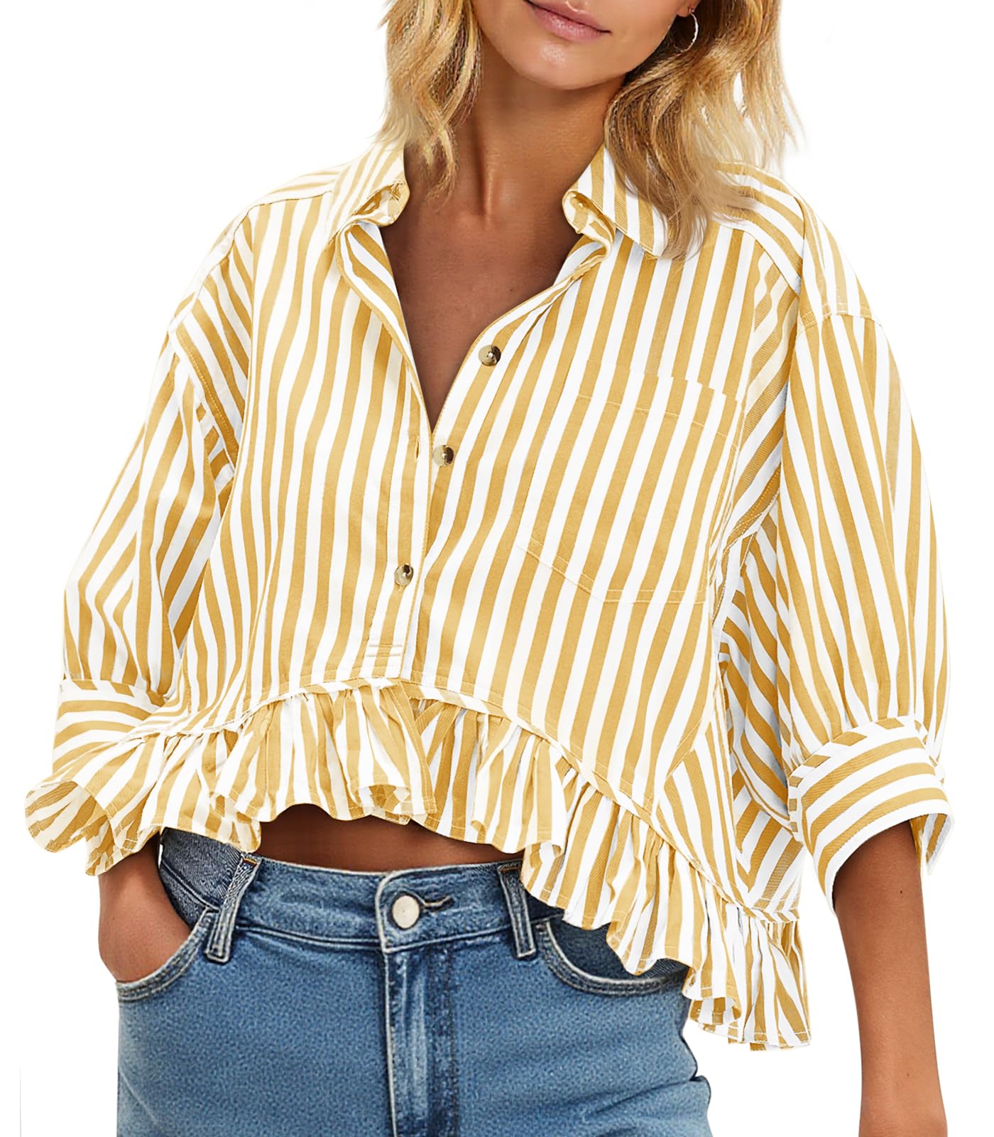 Cicy Bell Womens Cropped Striped Button Down Shirts Ruffle 3/4 Length Tops | Dressy Casual Blouses,Summer V Neck Tops,Vacation Outfits