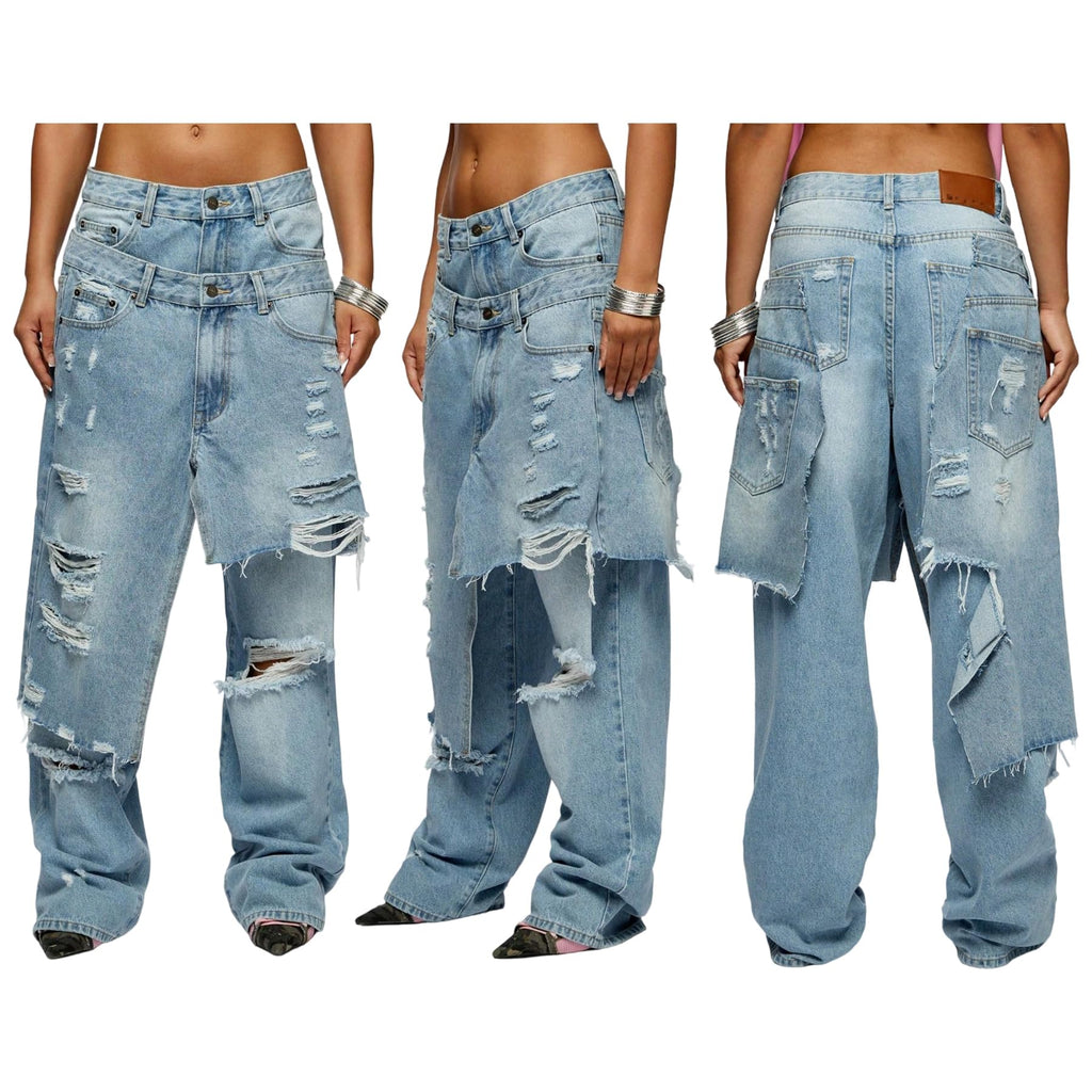 LKOUS Women's Ripped Baggy Jeans High Waist Wide Leg Patchwork Streetwear | Distressed, cutout, Y2K, hip hop, stretchy, soft, pocket, casual, concert, vintage. Machine wash
