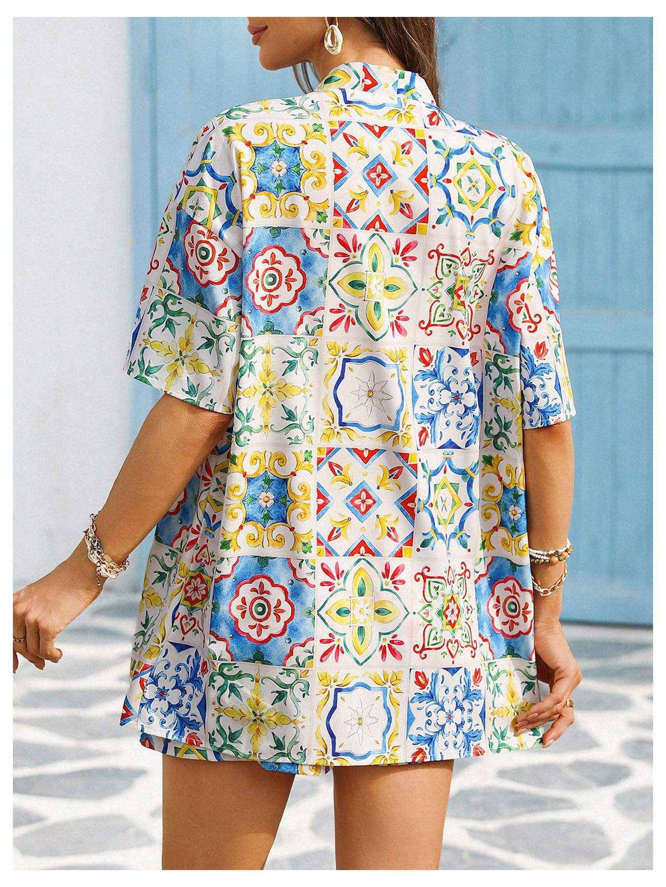 MakeMeChic Women's Two Piece Sets Summer Tropical Vacation Outfits Boho Floral Kimono Tops Shorts Set