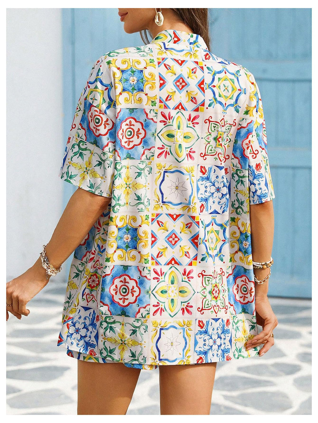 MakeMeChic Women's Two Piece Sets Summer Tropical Vacation Outfits Boho Floral Kimono Tops Shorts Set