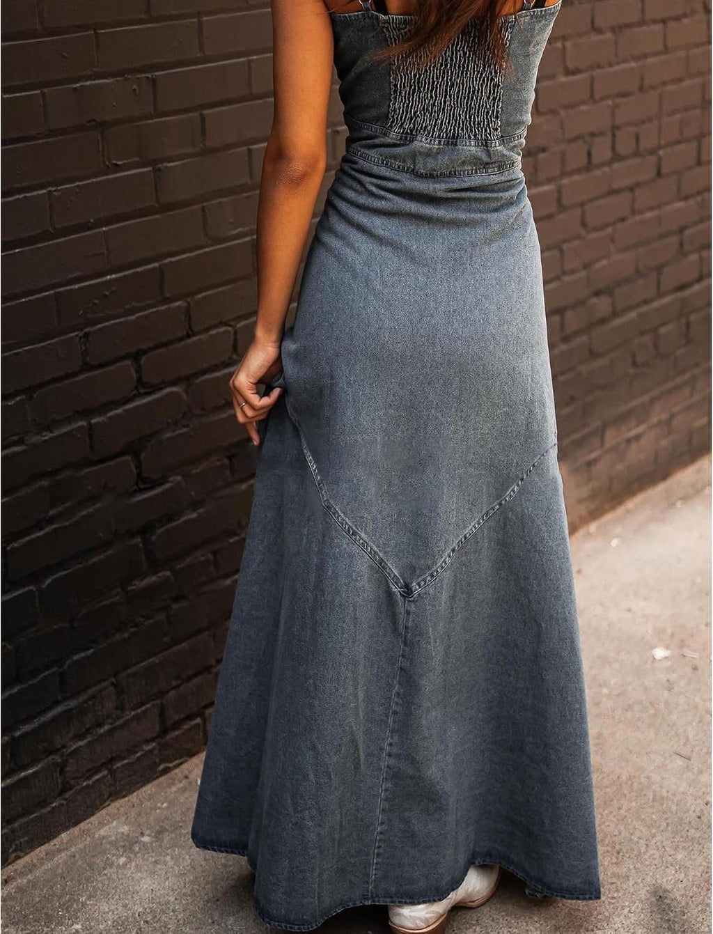 Sexyshine Women's Button Down Smocked Denim Dress Spaghetti Strap Sleeveless A-Line Flared Flowy Maxi Jean Dress