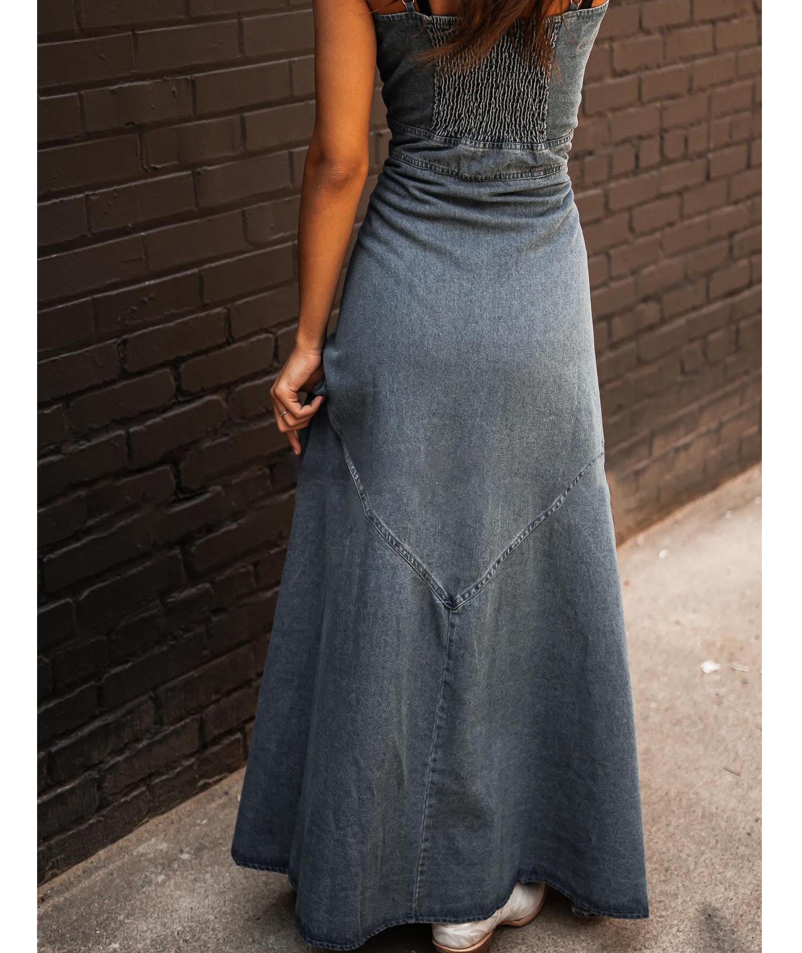 Sexyshine Women's Button Down Smocked Denim Dress Spaghetti Strap Sleeveless A-Line Flared Flowy Maxi Jean Dress
