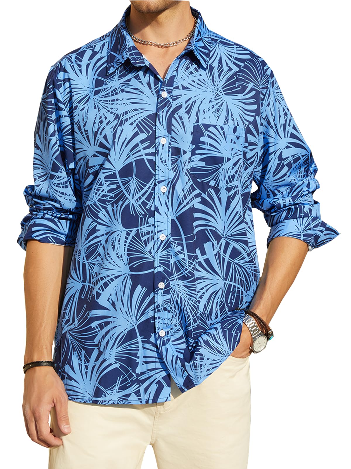 Hardaddy Men's Tropical Floral Button Down Long Sleeve Hawaiian Shirt Flower Printed Beach Shirts
