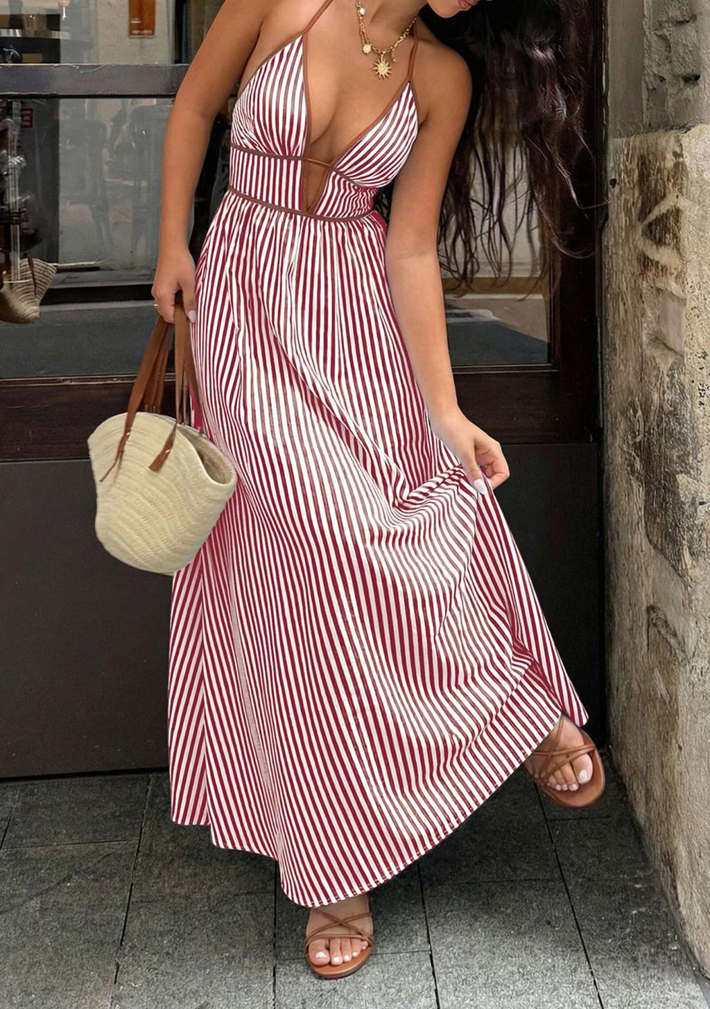 Women Summer Striped Halter Maxi Dress Sexy Beach Vacation Sundress | Casual, travel brunch dresses, soft fabric, deep v neck, backless, smocked, flowy, a line