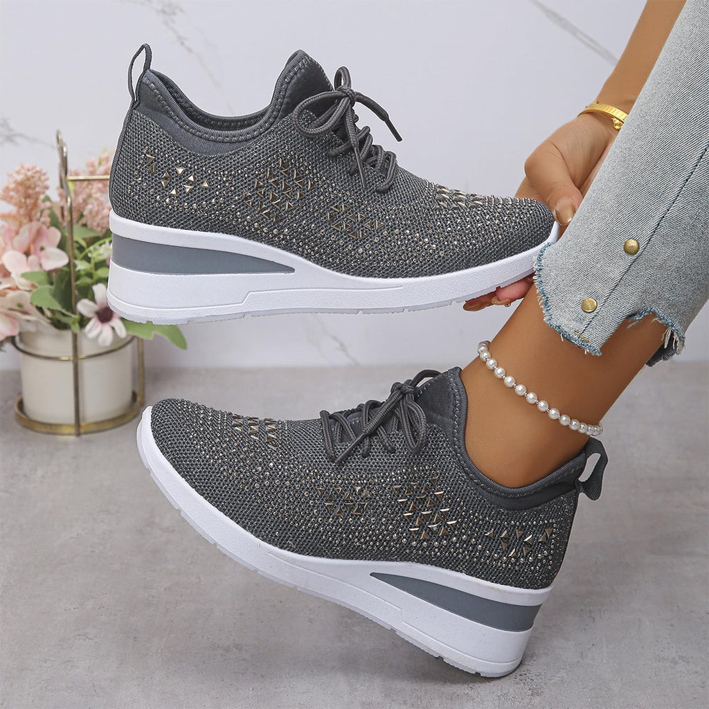 Glitter Rhinestone Wedge Sneakers with Lace-Up for Women Fashion Shiny Sequin Comfort Orthopedic Breathable Mesh Round Toe Soft Sole Tennis Walking Shoes