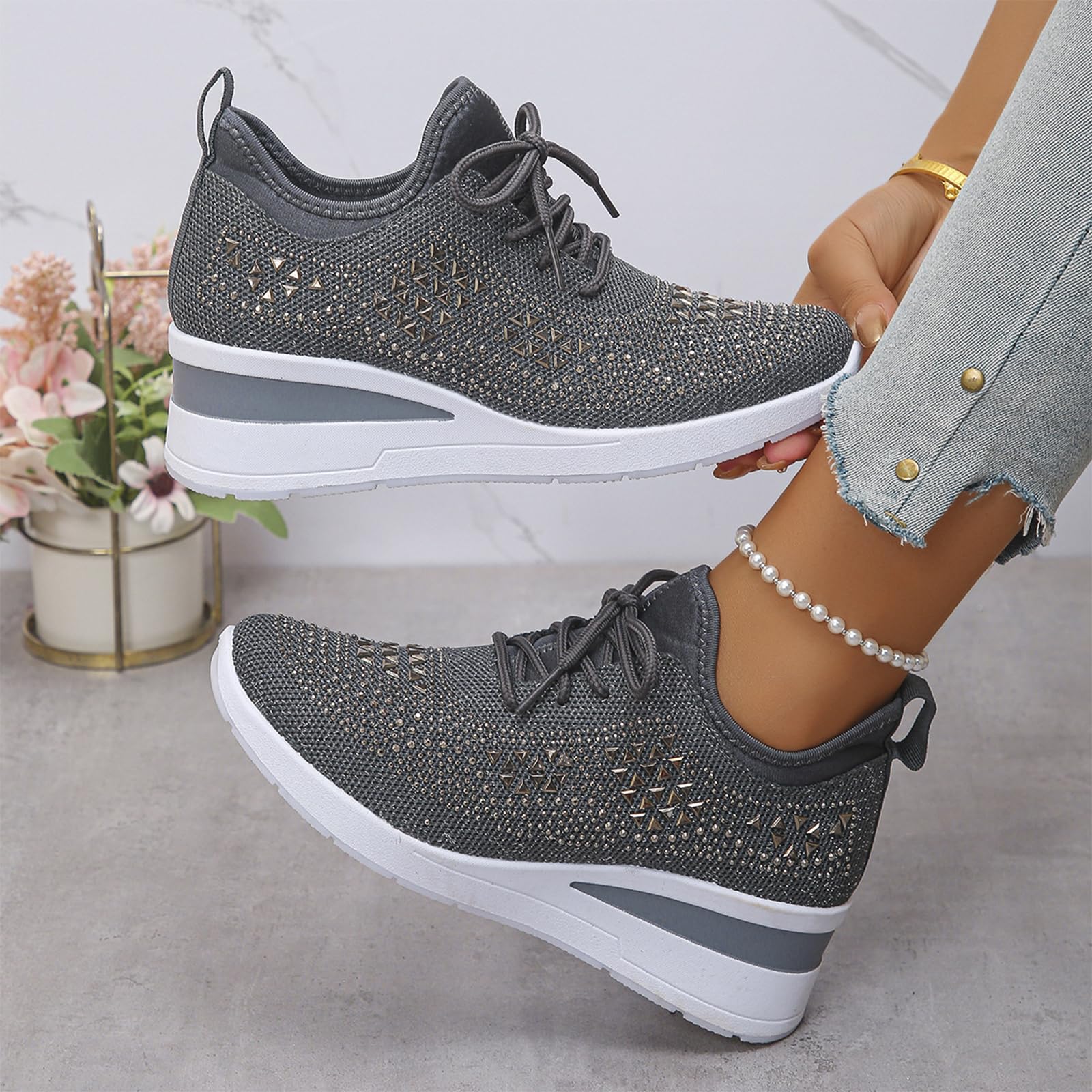 Glitter Rhinestone Wedge Sneakers with Lace-Up for Women Fashion Shiny Sequin Comfort Orthopedic Breathable Mesh Round Toe Soft Sole Tennis Walking Shoes