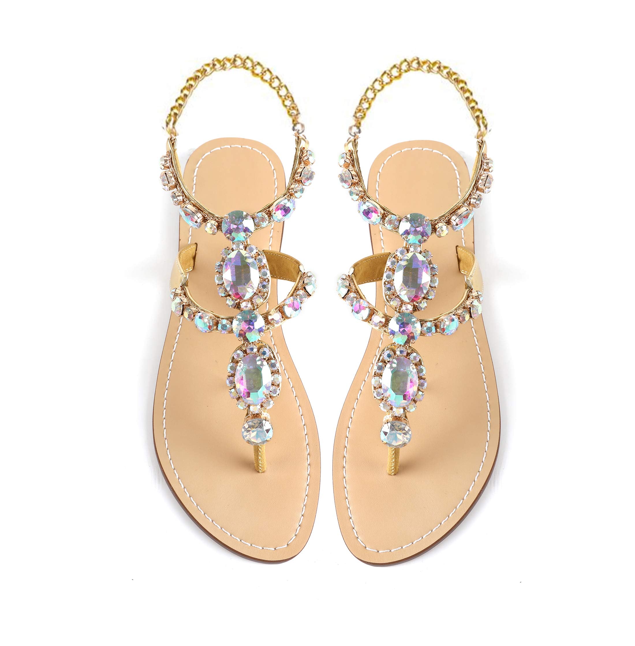 ZhuLinFeng Women'S Rhinestone Gladiator Sandals Flat Wedding Sandals Gem Pearl Sparkling Bridal Bridesmaid Sandals Blue Bohemian Sandals
