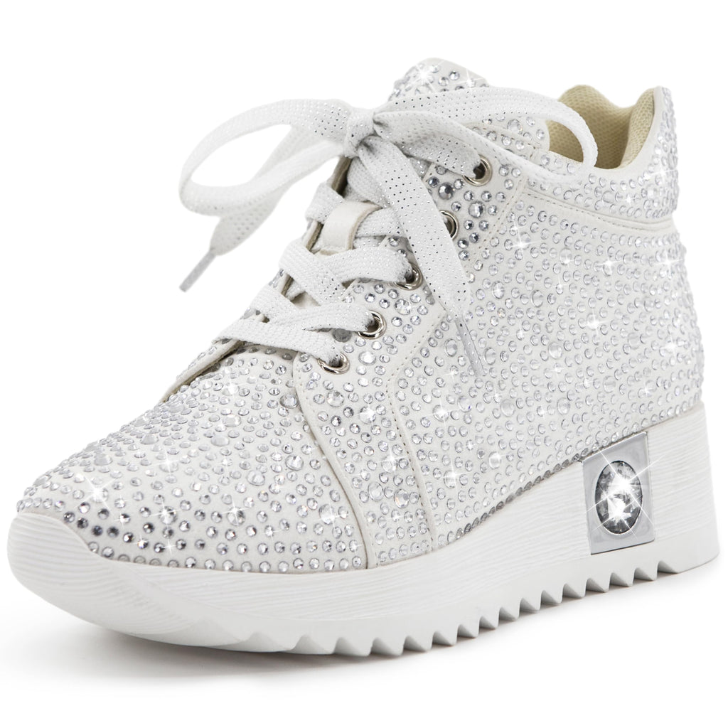 FINDVELL Women's Fashion Glitter Sneakers Platform Wedge Shoes Sparkly Rhinestone High Top Sneakers Trendy Sequin Shoes Wedding Bride Dress