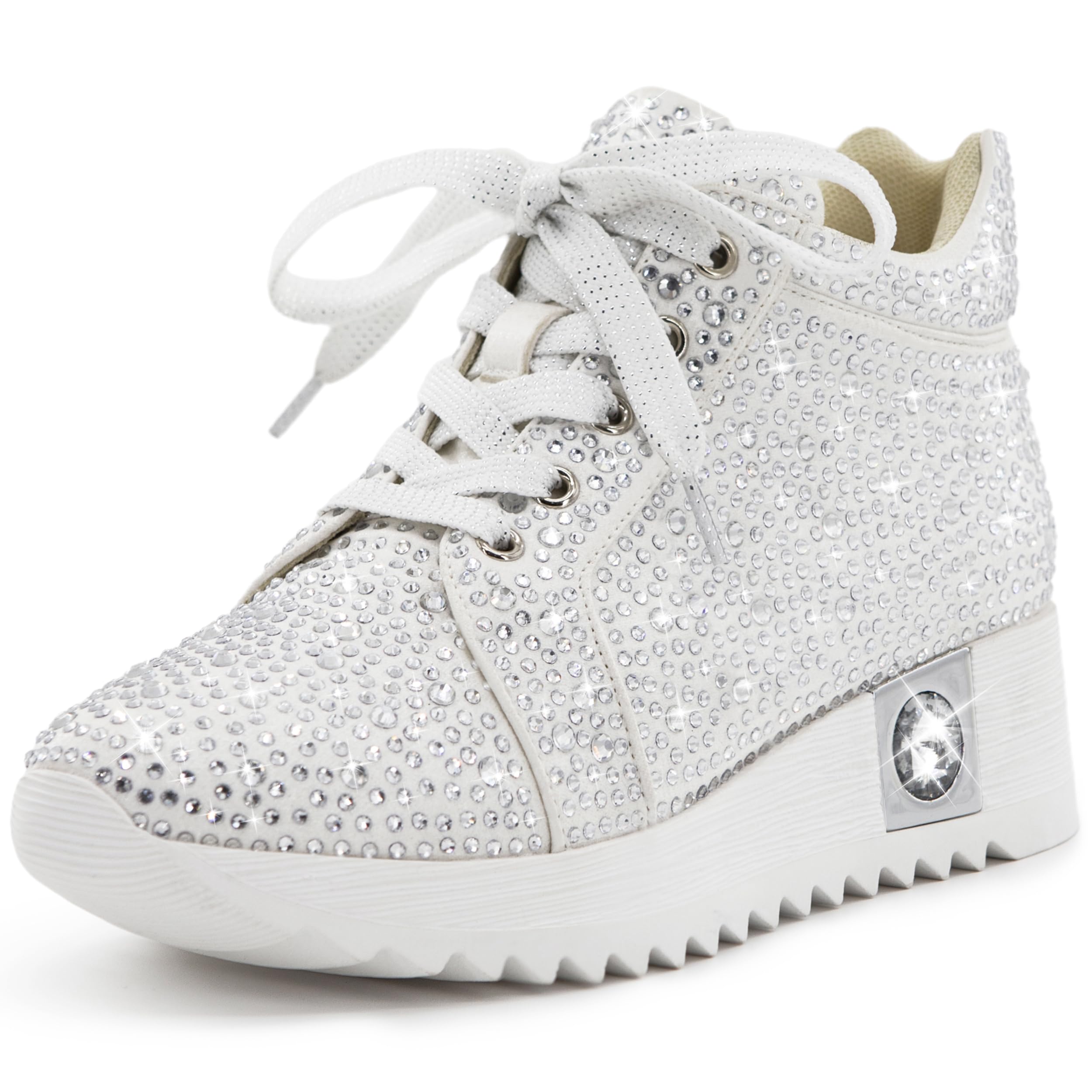 FINDVELL Women's Fashion Glitter Sneakers Platform Wedge Shoes Sparkly Rhinestone High Top Sneakers Trendy Sequin Shoes Wedding Bride Dress