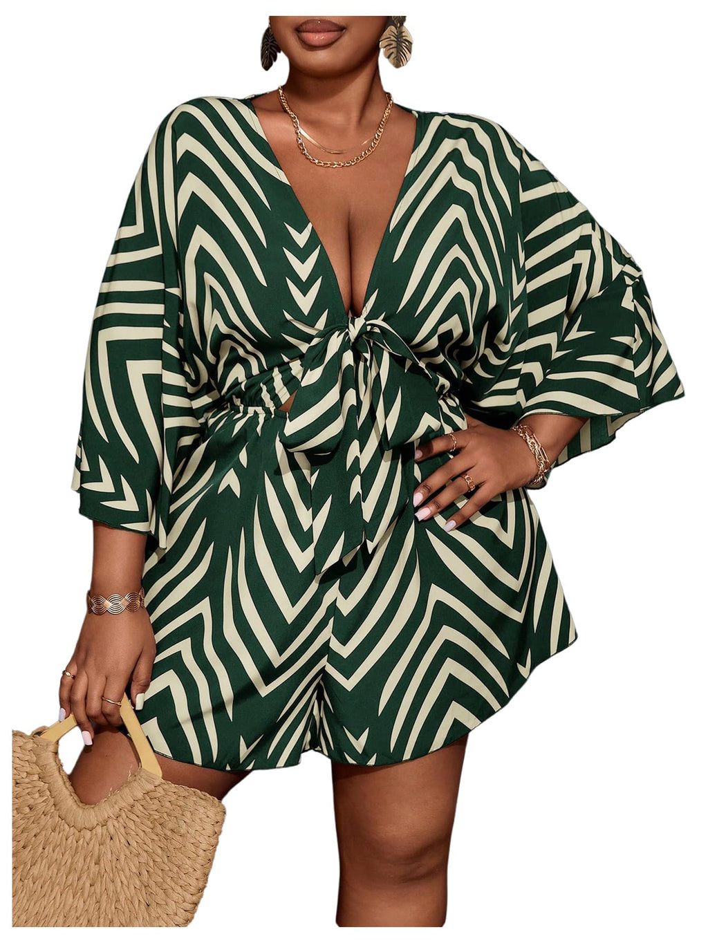 SOLY HUX Women's Plus Size Striped Tie Front Short Jumpsuit | V Neck, 3/4 Sleeve, Loose, Romper