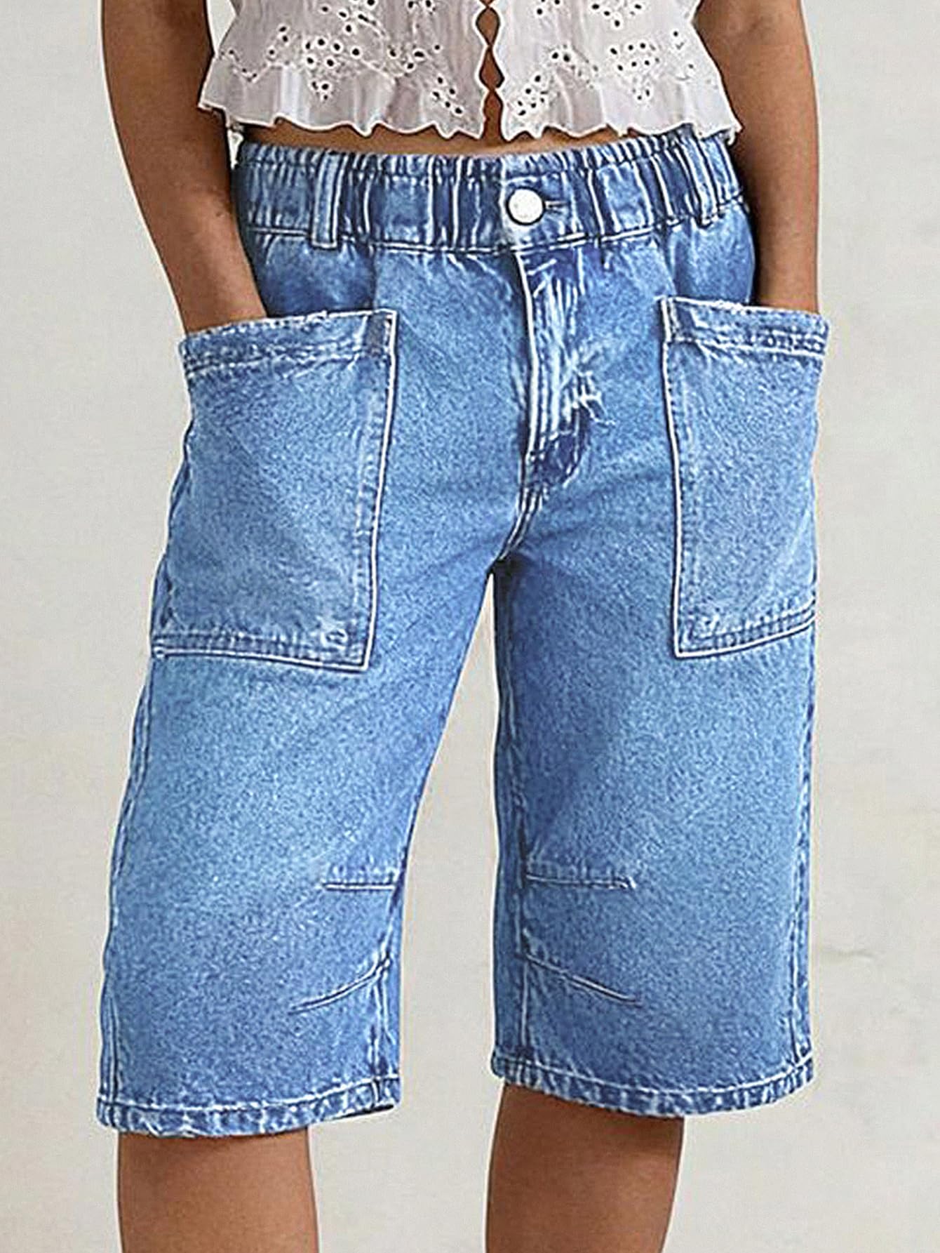 Flamingals Straight Leg High Rise Denim Bermuda Shorts | Elastic Trendy Jean Shorts with Patch Pockets, Bermuda Shorts for Women, High Waist, Denim Fabric