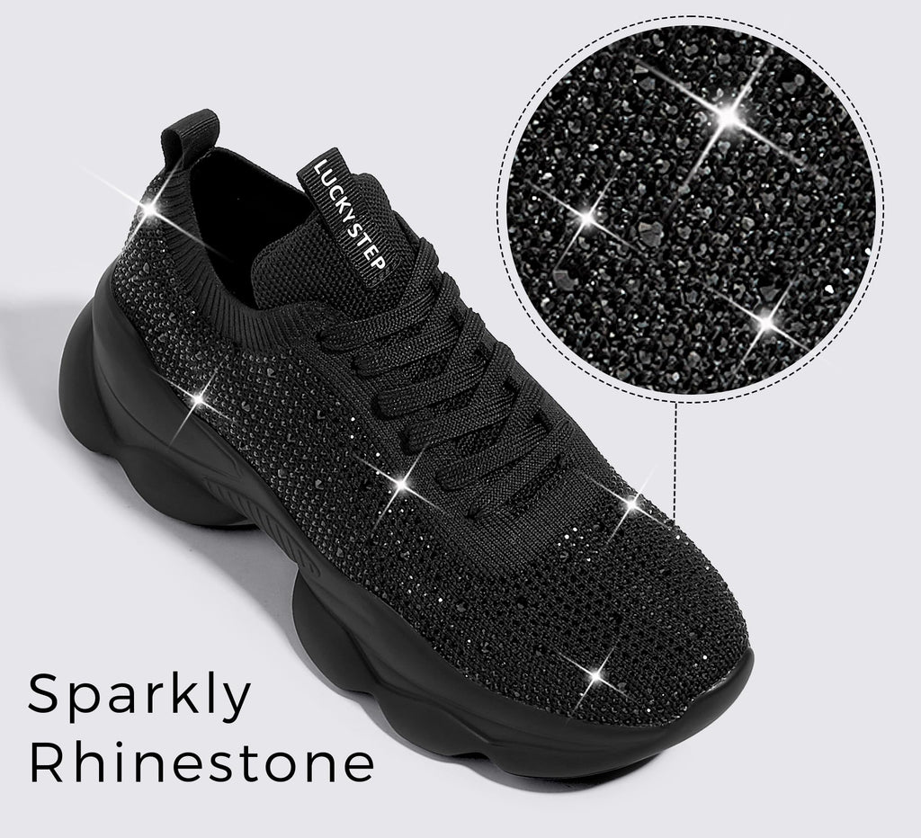 LUCKY STEP Women's Chunky Rhinestone Sneaker Sparkly Bling Bedazzled Mesh Slip on Elastic Sock Glitter Shiny Rave Walking Shoes