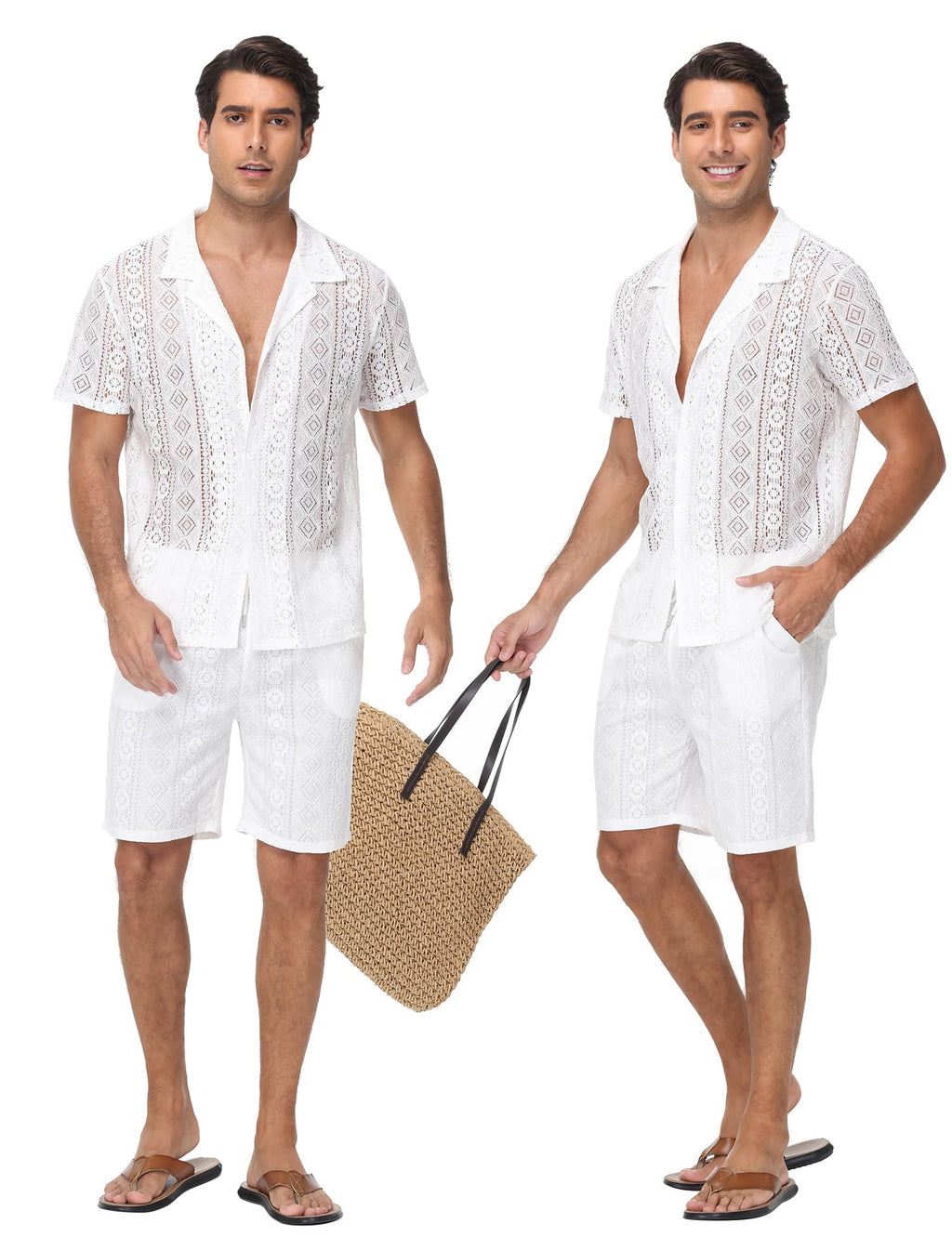 Men 2 Piece Shorts Set Sexy Lace Mesh Sheer Short Sleeve Summer Rave Outfit