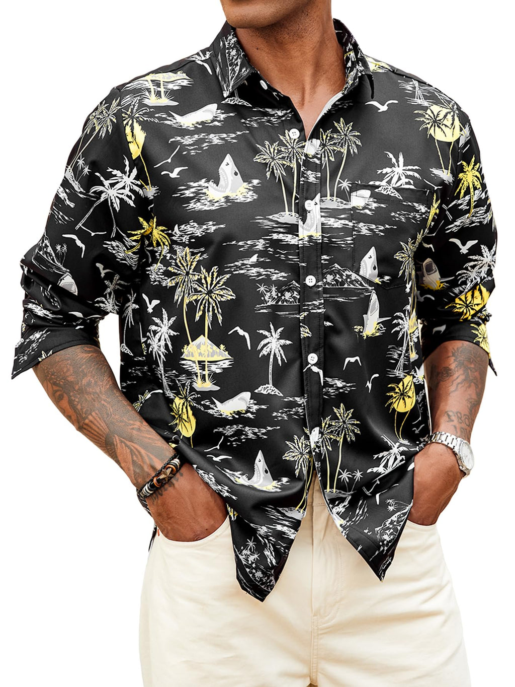 Hardaddy Men's Tropical Floral Button Down Long Sleeve Hawaiian Shirt Flower Printed Beach Shirts