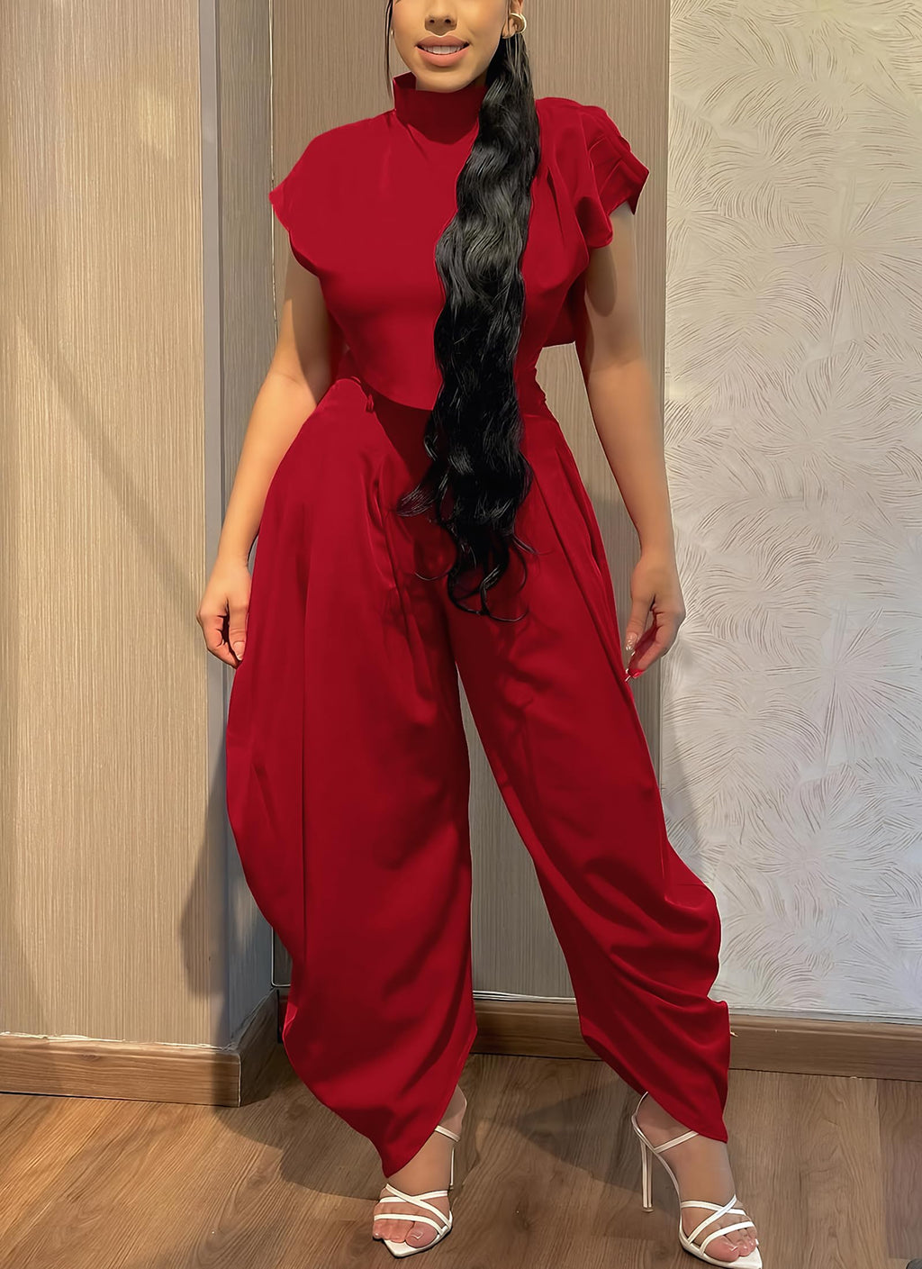 Ekaliy Womens Casual 2 Piece Outfits Cap Sleeve Crop Top Palazzo Pants Set | Mock Neck,Short Sleeve,Zipper-Back Crop Top,High-Waisted Pleated Pants,Wide Leg Dress Pants,2 Piece Sets For Women Dressy
