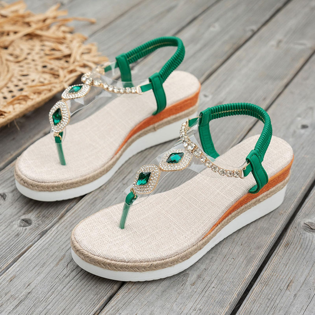 Women's Sparkly Rhinestone Wedge Sandals, Casual Platform Jeweled Sandals Summer Dressy Flip Flops Comfort Walking Thong Sandals Bohemian Beach Wedding Dress Shoes