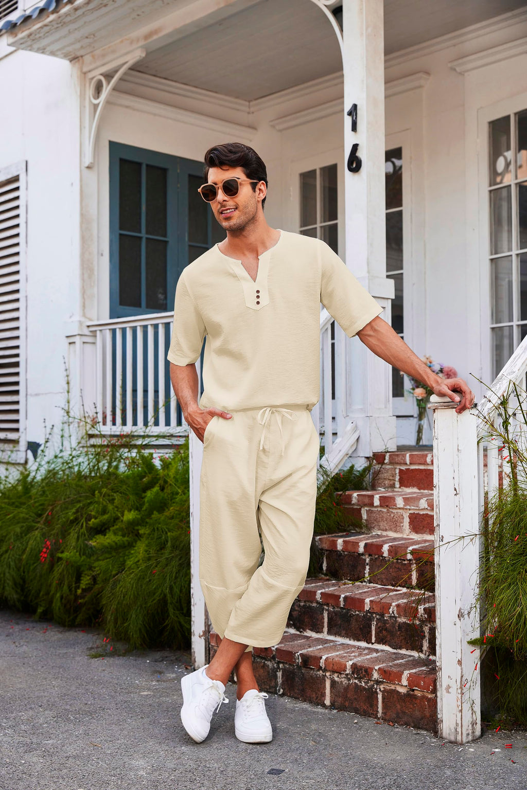 COOFANDY Men's 2 Pieces Linen Set Henley Shirt Short Sleeve and Harem Capri Pants Wide Leg Baggy Beach Yoga Trousers Outfits