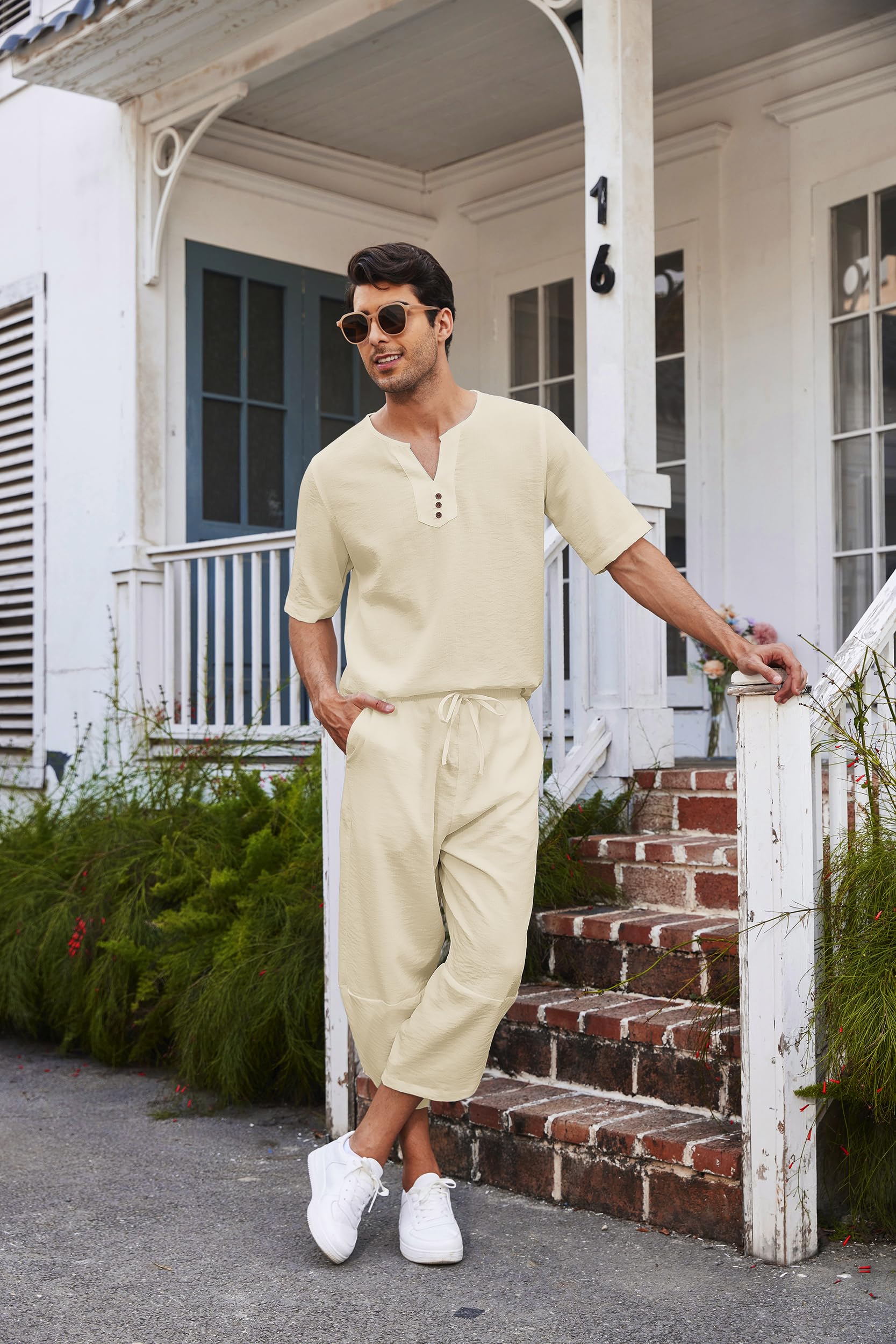 COOFANDY Men's 2 Pieces Linen Set Henley Shirt Short Sleeve and Harem Capri Pants Wide Leg Baggy Beach Yoga Trousers Outfits