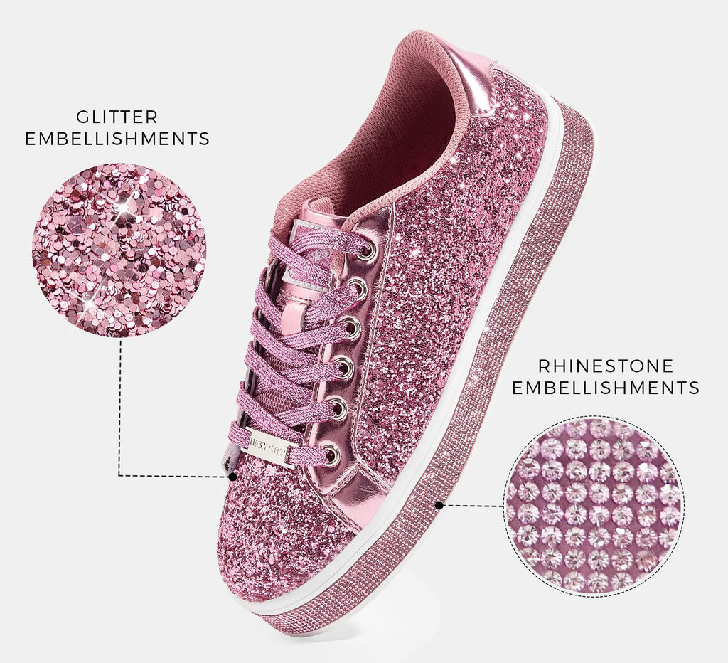 LUCKY STEP Women's Platform Sparkly Glitter Sneakers | Bling Shiny Dressy Bedazzled Wedding Bridal Fashion Walking Shoes