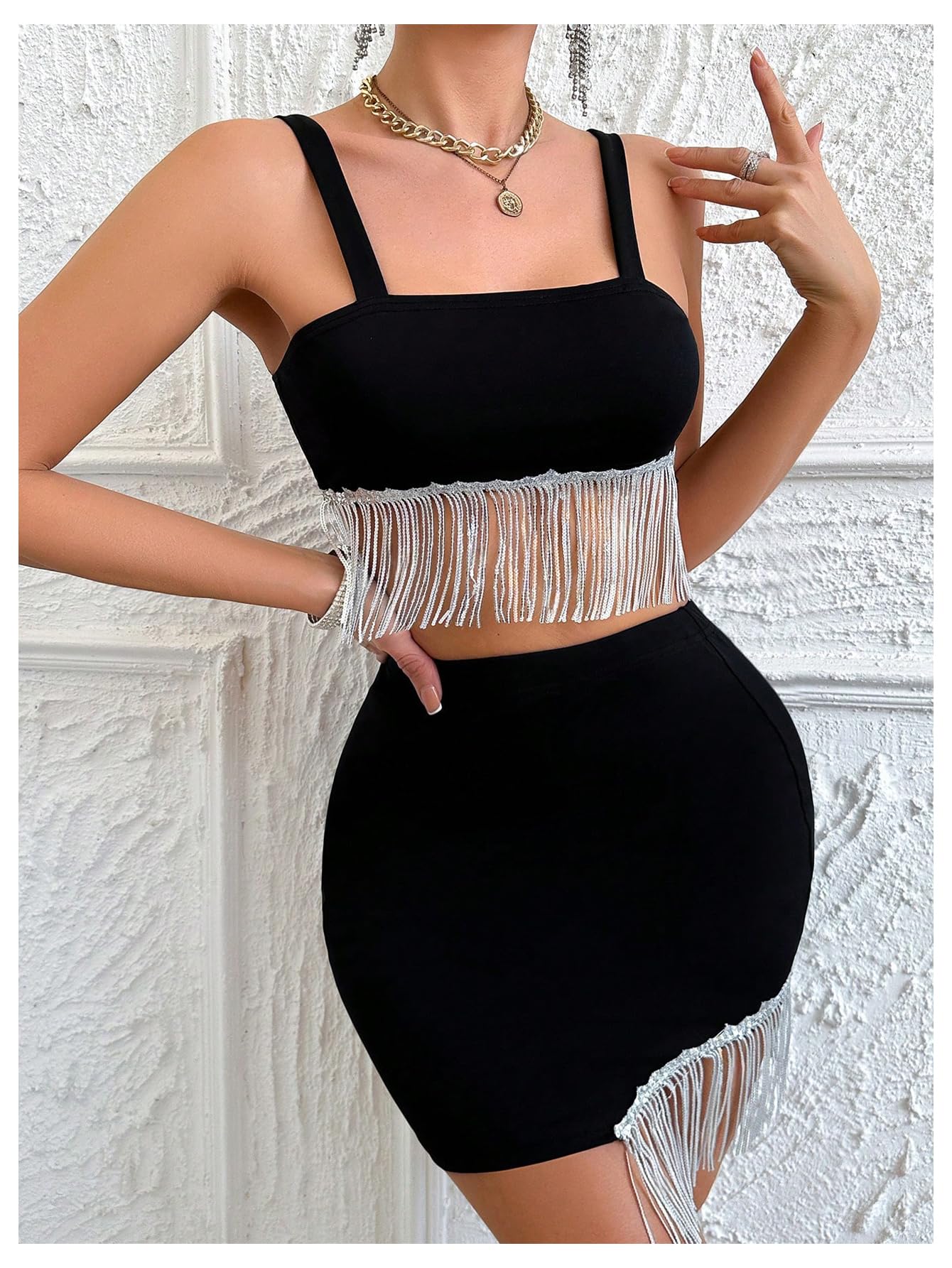 OYOANGLE Women's 2 Piece Outfit Sequin Fringe Crop Top Bodycon Mini Skirt | 2 Piece Party Outfit, Sparkly Sequin, Fringe Crop Top, Bodycon Mini Skirt, Night Out Sets