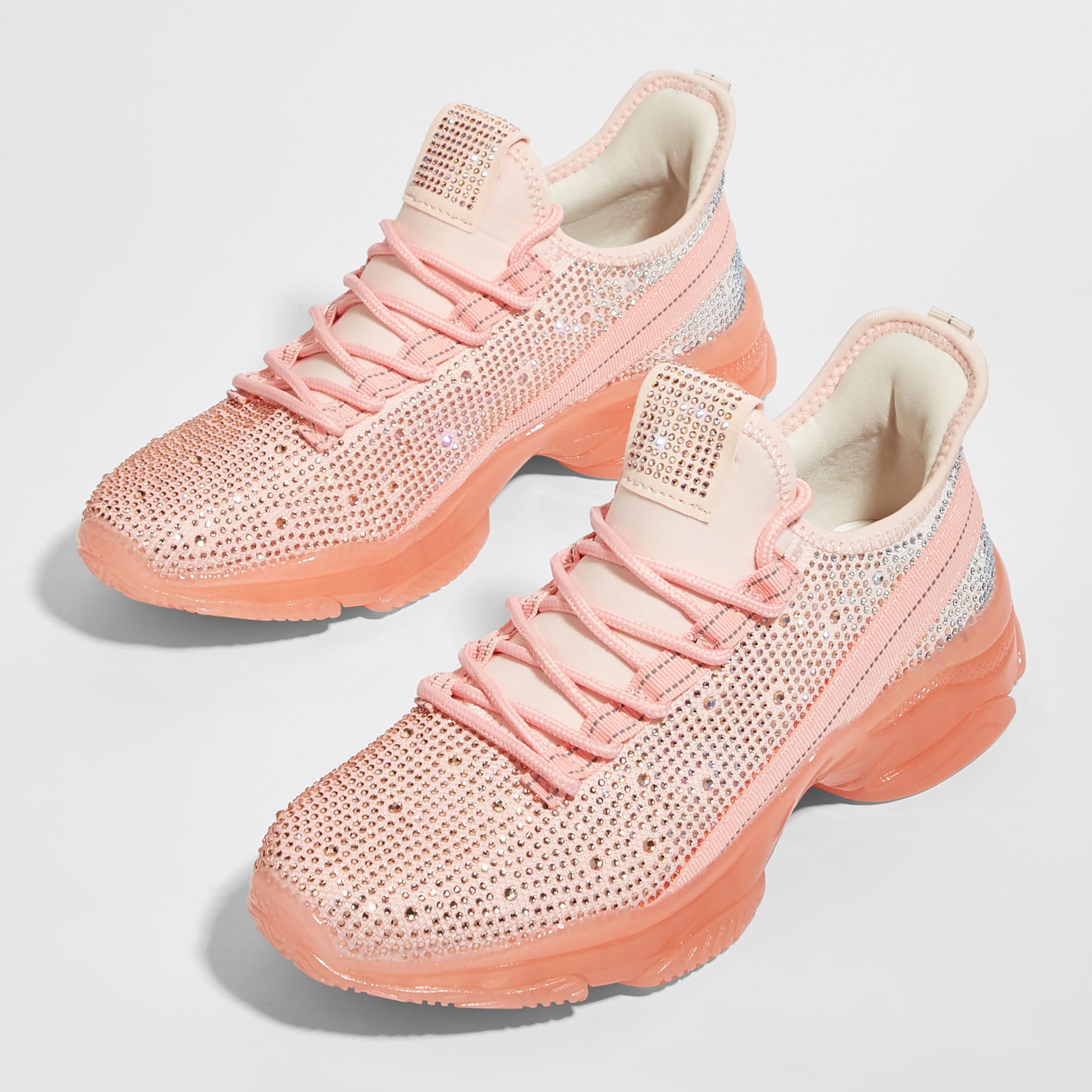 BELOS Women Rhinestone Mesh Slip On Walking Shoes | Fashion Breathable Spakle Glitter Sneaker