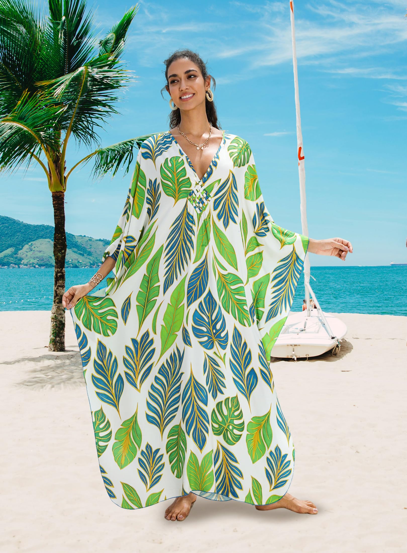 Yanziliu Kaftan Dress for Women,Plus Size Hawaiian Batwing Sleeve Beach Cover Up Summer Swimsuit Dresses