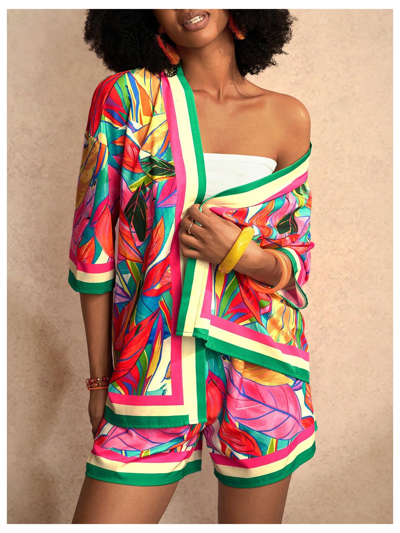MakeMeChic Women's Two Piece Sets Summer Tropical Vacation Outfits Boho Floral Kimono Tops Shorts Set