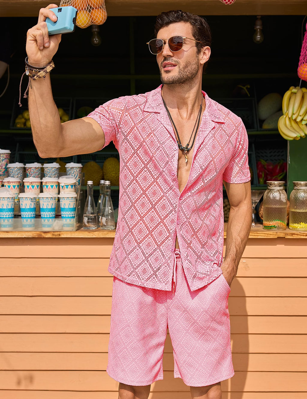 Men 2 Piece Shorts Set Sexy Lace Mesh Sheer Short Sleeve Summer Rave Outfit