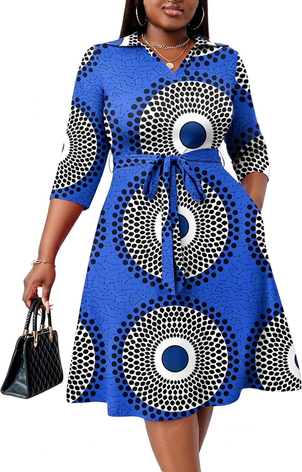 FANDEE Plus Size Midi Dress for Women Casual - Fit and Flare Summer Dresses | Semi Formal,African Print,Polo Collar Cocktail Dress,With Pockets And Belt