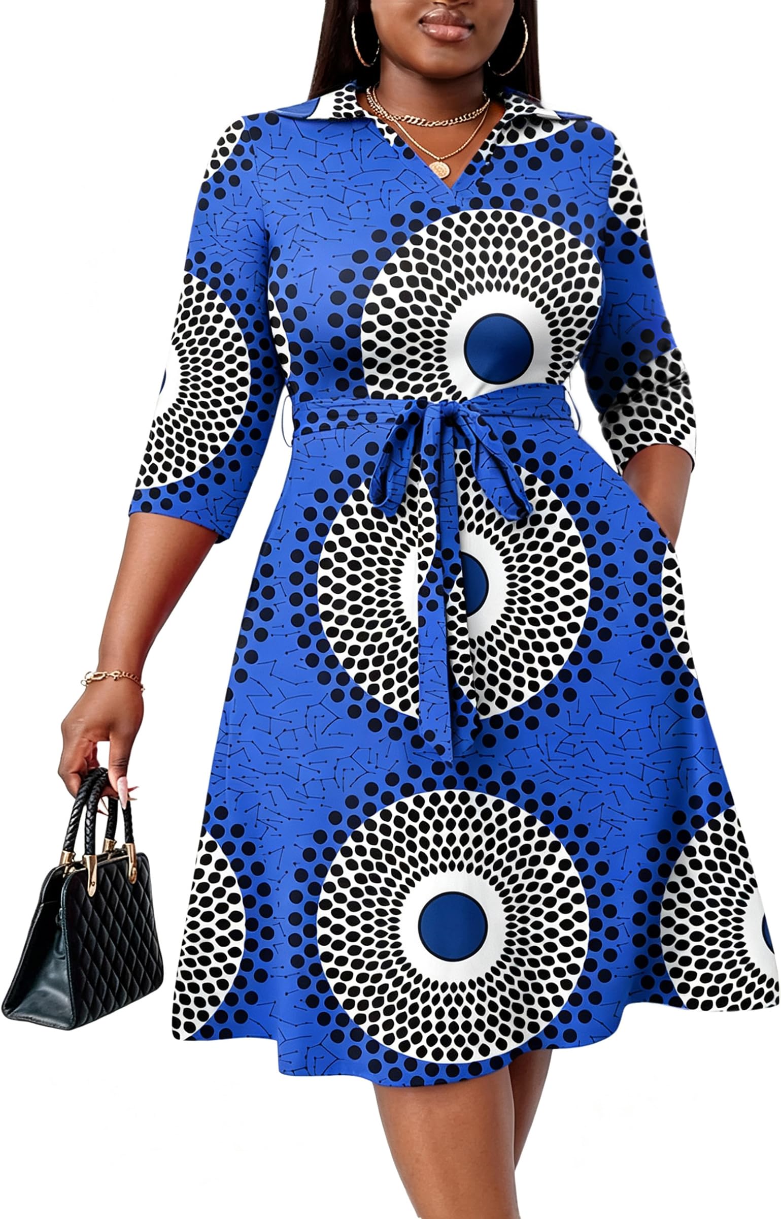 FANDEE Plus Size Midi Dress for Women Casual - Fit and Flare Summer Dresses | Semi Formal,African Print,Polo Collar Cocktail Dress,With Pockets And Belt
