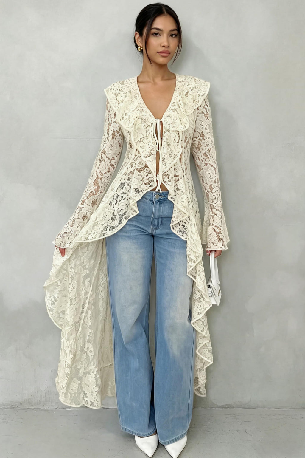 Lace Cardigan for Women Maxi Summer Lightweight Open Front Tie Bell Long Sleeve Ruffled Tops Duster Swimsuit Cover Up