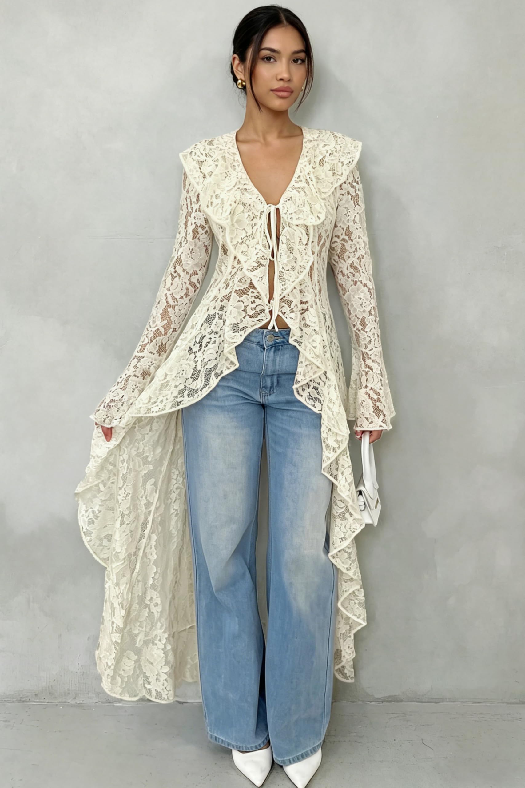 Lace Cardigan for Women Maxi Summer Lightweight Open Front Tie Bell Long Sleeve Ruffled Tops Duster Swimsuit Cover Up