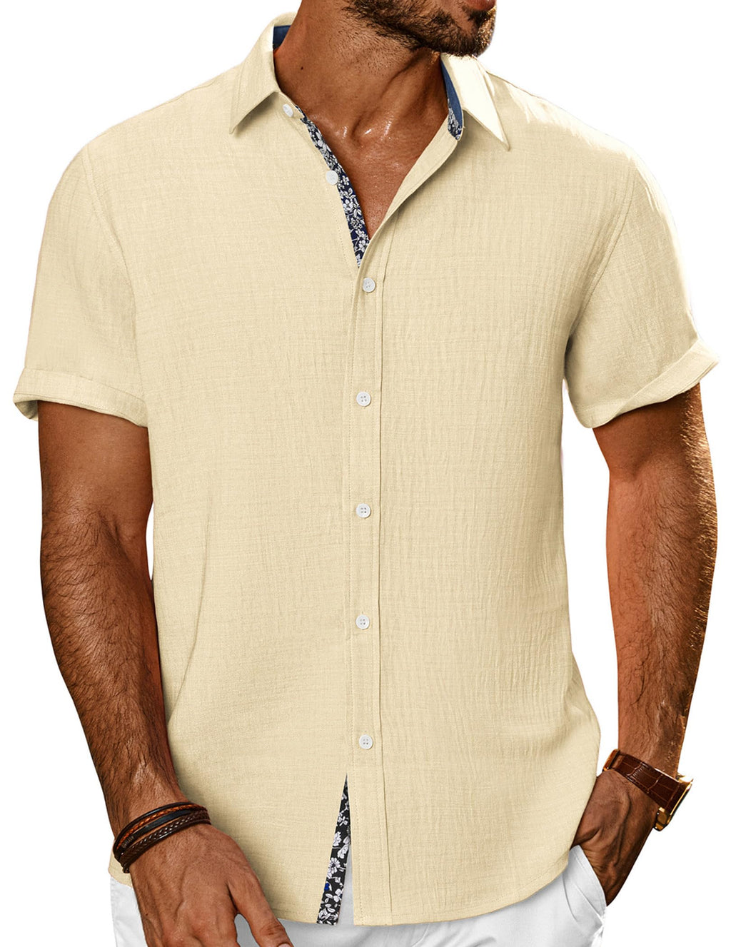 PJ PAUL JONES Mens Short Sleeve Button Down Shirts Casual Summer Clothing | Linen Textured, Summer Beach Vacation Tops, Untucked Dress Shirt, Lightweight, Regular Fit, Fashion Resort Wear