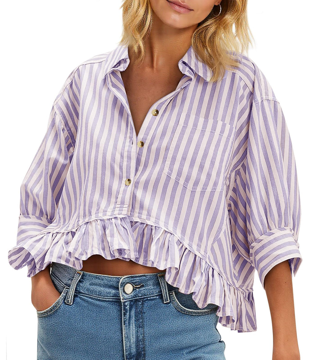 Cicy Bell Womens Cropped Striped Button Down Shirts Ruffle 3/4 Length Tops | Dressy Casual Blouses,Summer V Neck Tops,Vacation Outfits