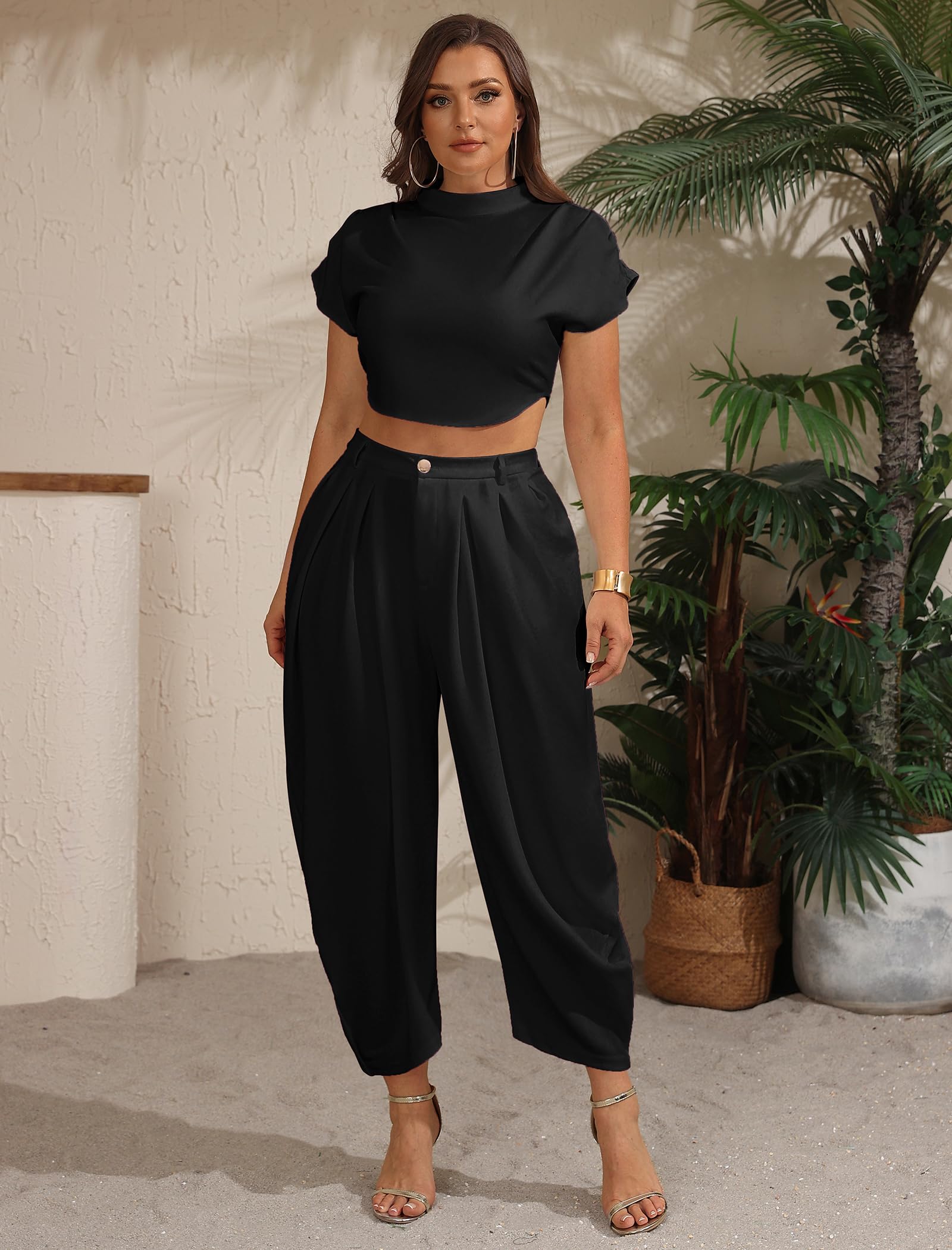 Ekaliy Womens Casual 2 Piece Outfits Cap Sleeve Crop Top Palazzo Pants Set | Mock Neck,Short Sleeve,Zipper-Back Crop Top,High-Waisted Pleated Pants,Wide Leg Dress Pants,2 Piece Sets For Women Dressy