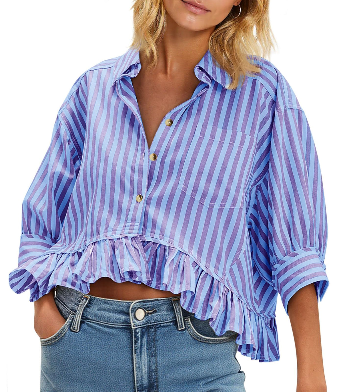 Cicy Bell Womens Cropped Striped Button Down Shirts Ruffle 3/4 Length Tops | Dressy Casual Blouses,Summer V Neck Tops,Vacation Outfits