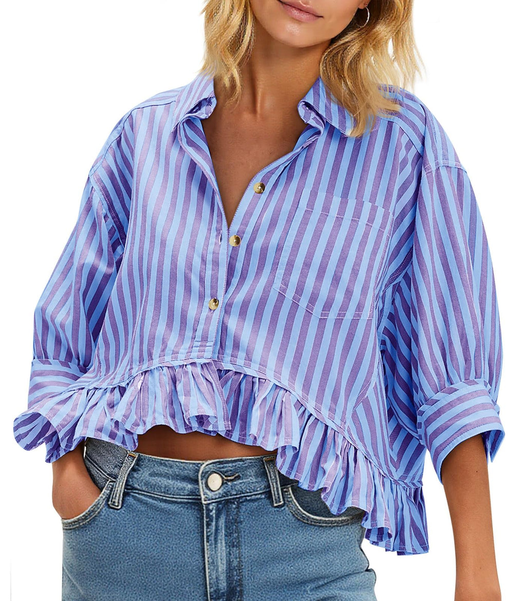 Cicy Bell Womens Cropped Striped Button Down Shirts Ruffle 3/4 Length Tops | Dressy Casual Blouses,Summer V Neck Tops,Vacation Outfits
