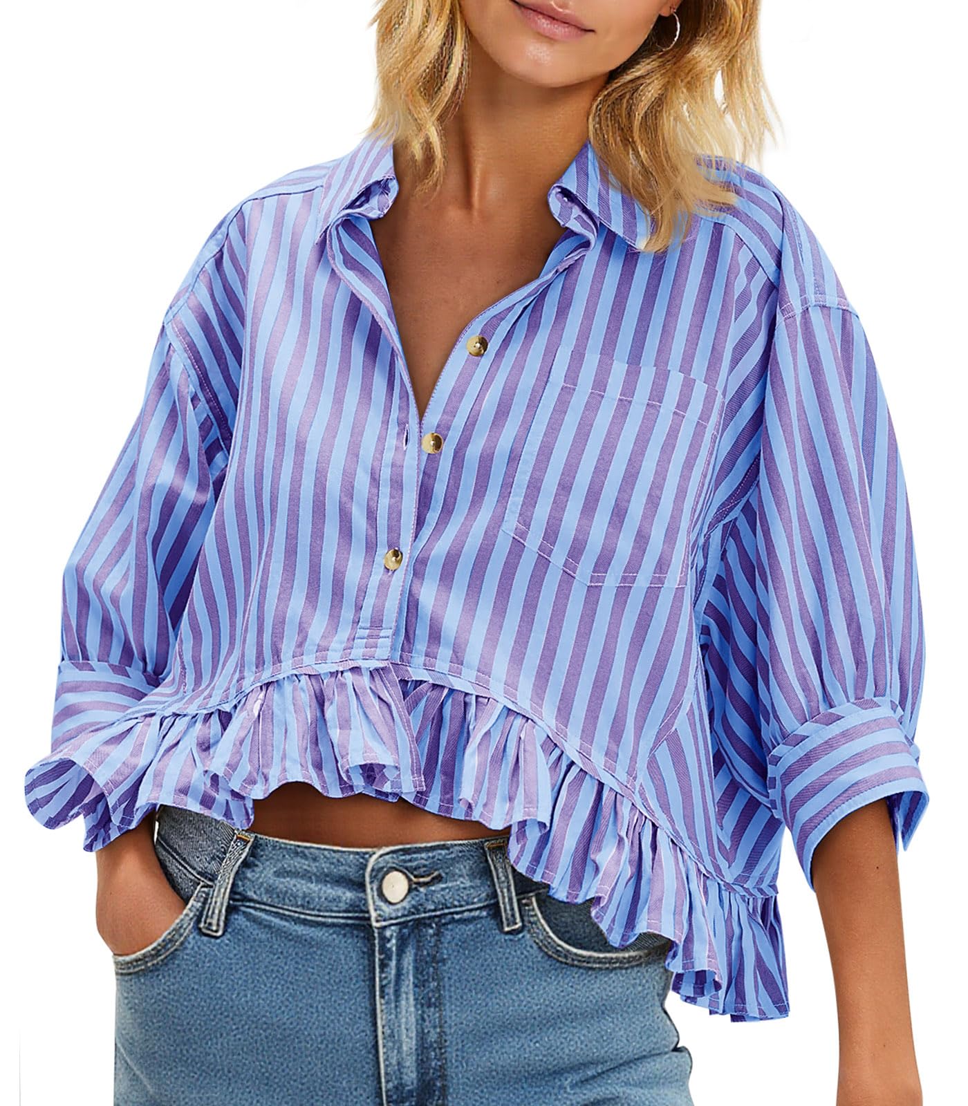 Cicy Bell Womens Cropped Striped Button Down Shirts Ruffle 3/4 Length Tops | Dressy Casual Blouses,Summer V Neck Tops,Vacation Outfits