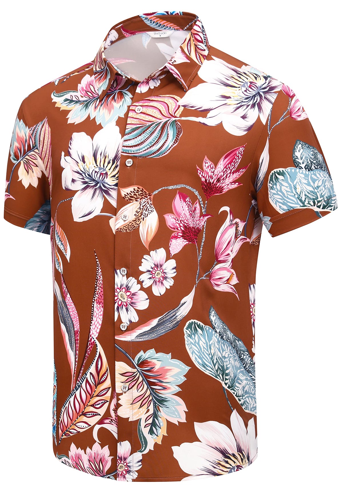 SheLucki Hawaiian Shirt for Men, Unisex Summer Beach Casual Short Sleeve Button Down Shirts, Printed Palmshadow Clothing