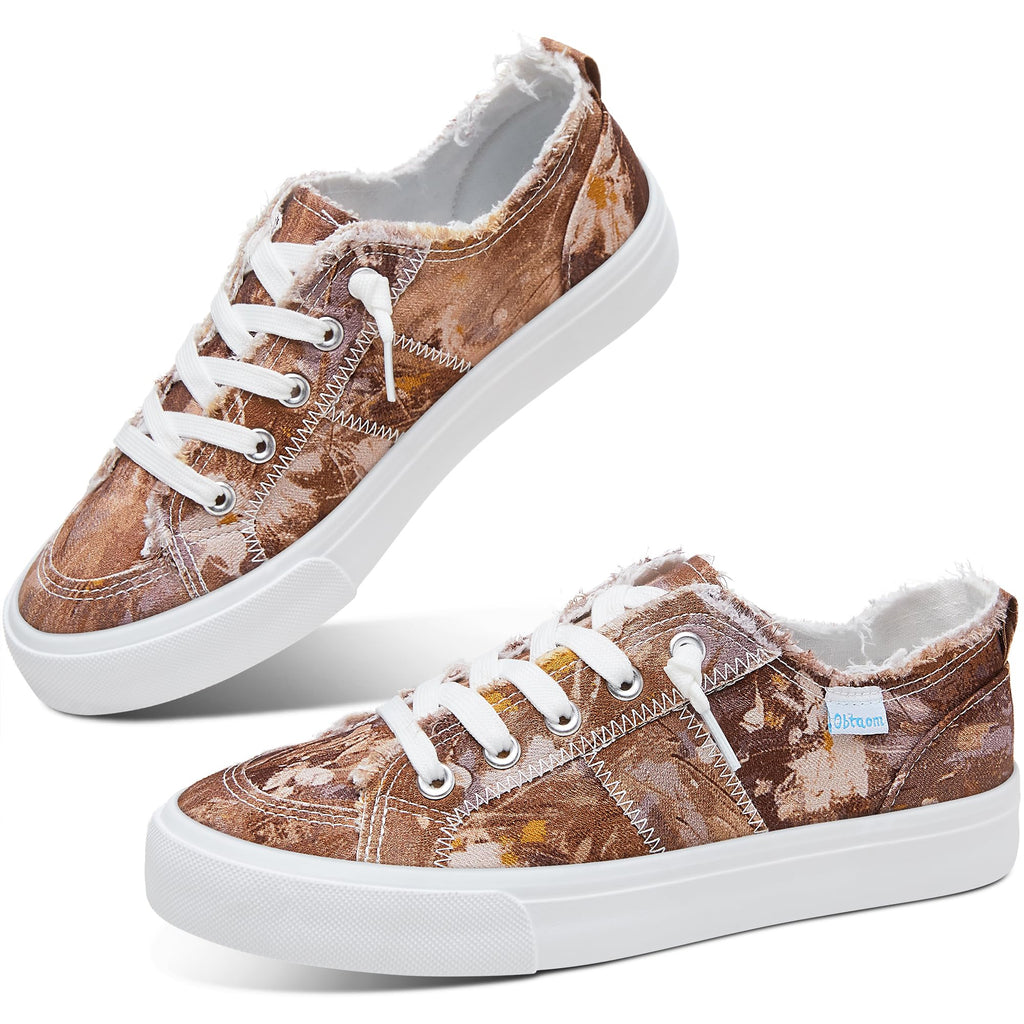 Obtaom Women's Play Fashion Sneaker White Color Washed and Leopard Canvas Slip on Shoes