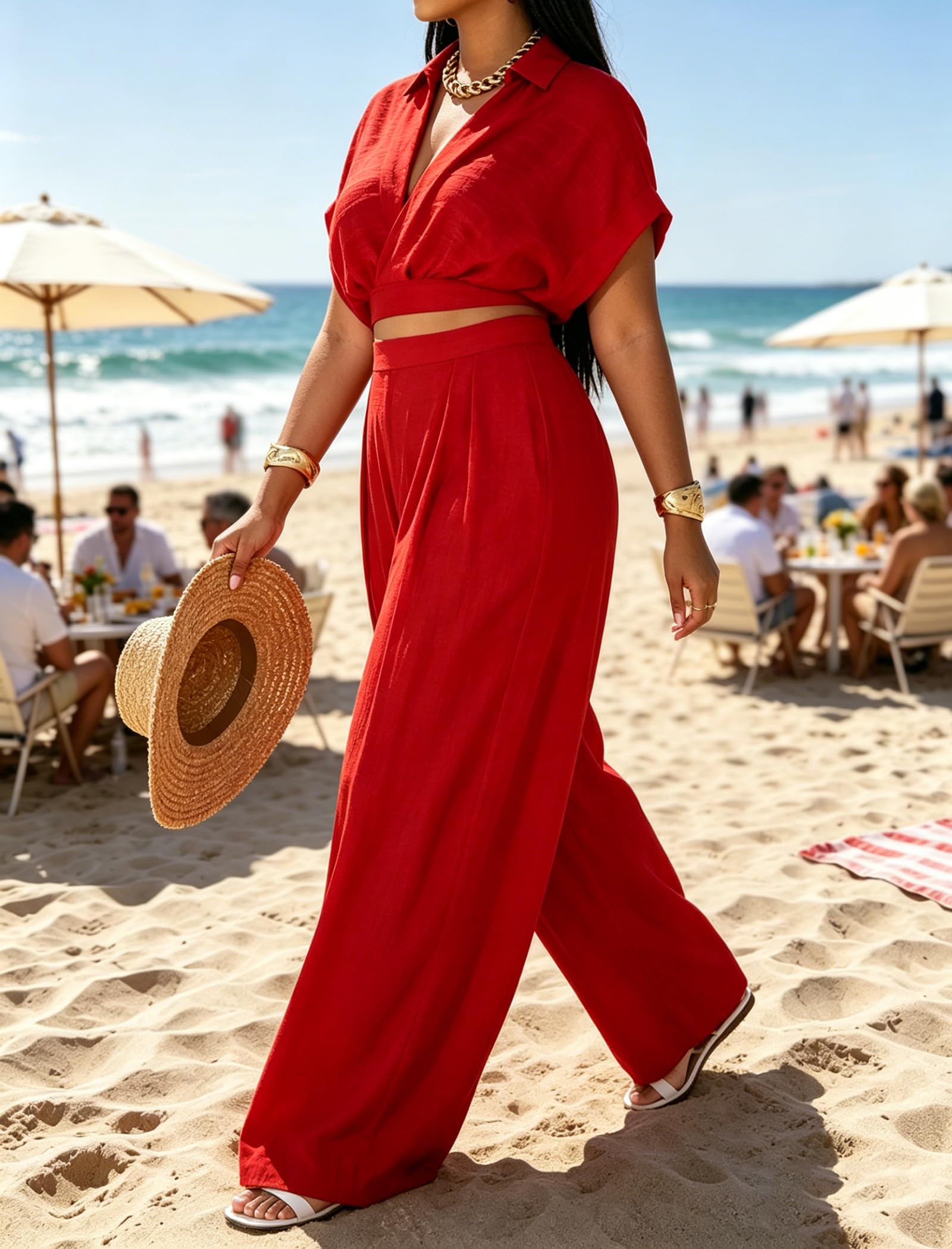 Ekaliy Women Two Piece Crop Top Flowy Wide Leg Pants Set Summer Outfits | Lightweight breathable fabric,batwing V-neck crop top,elastic waist wide leg lined pants with pockets for casual wear.