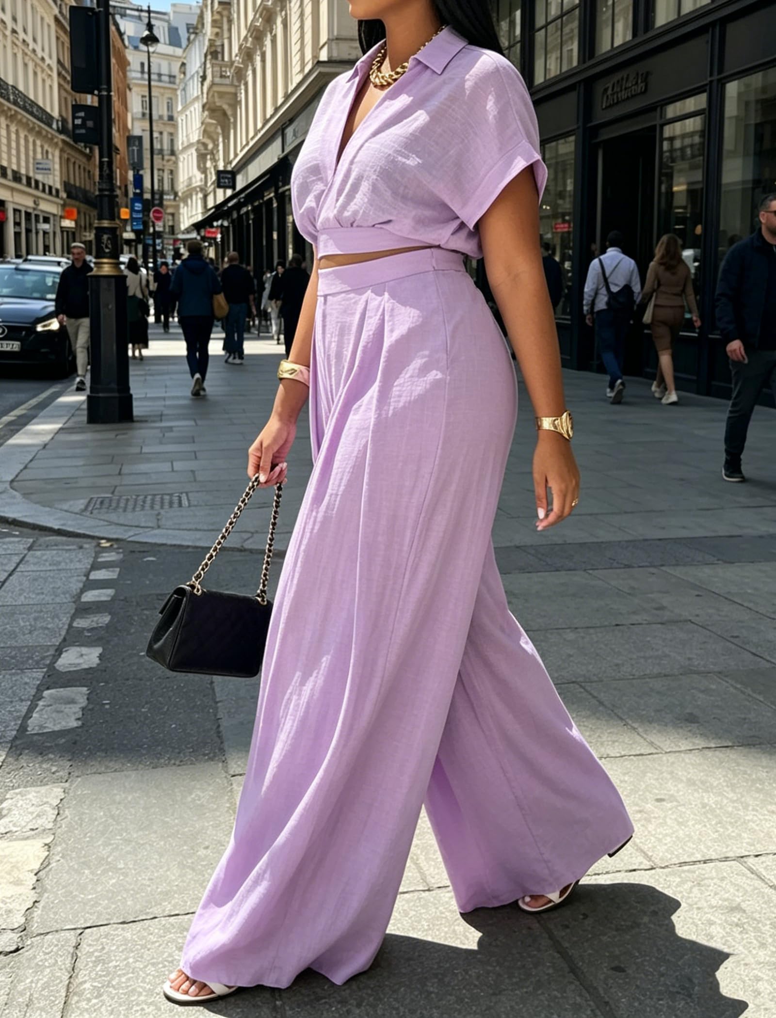 Ekaliy Women Two Piece Crop Top Flowy Wide Leg Pants Set Summer Outfits | Lightweight breathable fabric,batwing V-neck crop top,elastic waist wide leg lined pants with pockets for casual wear.