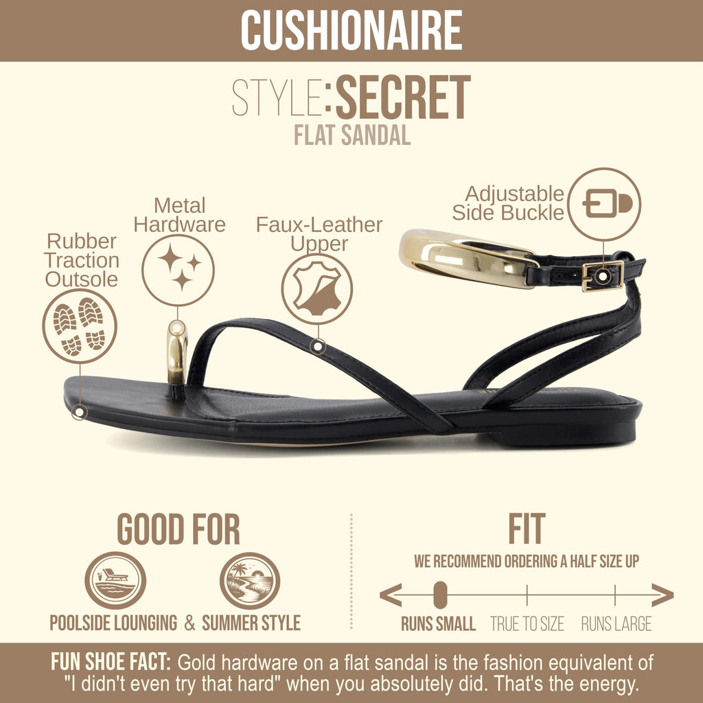 CUSHIONAIRE Secret Flat Sandals for Women with Gold Ankle Cuff and Toe Ring Strap, Vegan Leather Dress Sandals