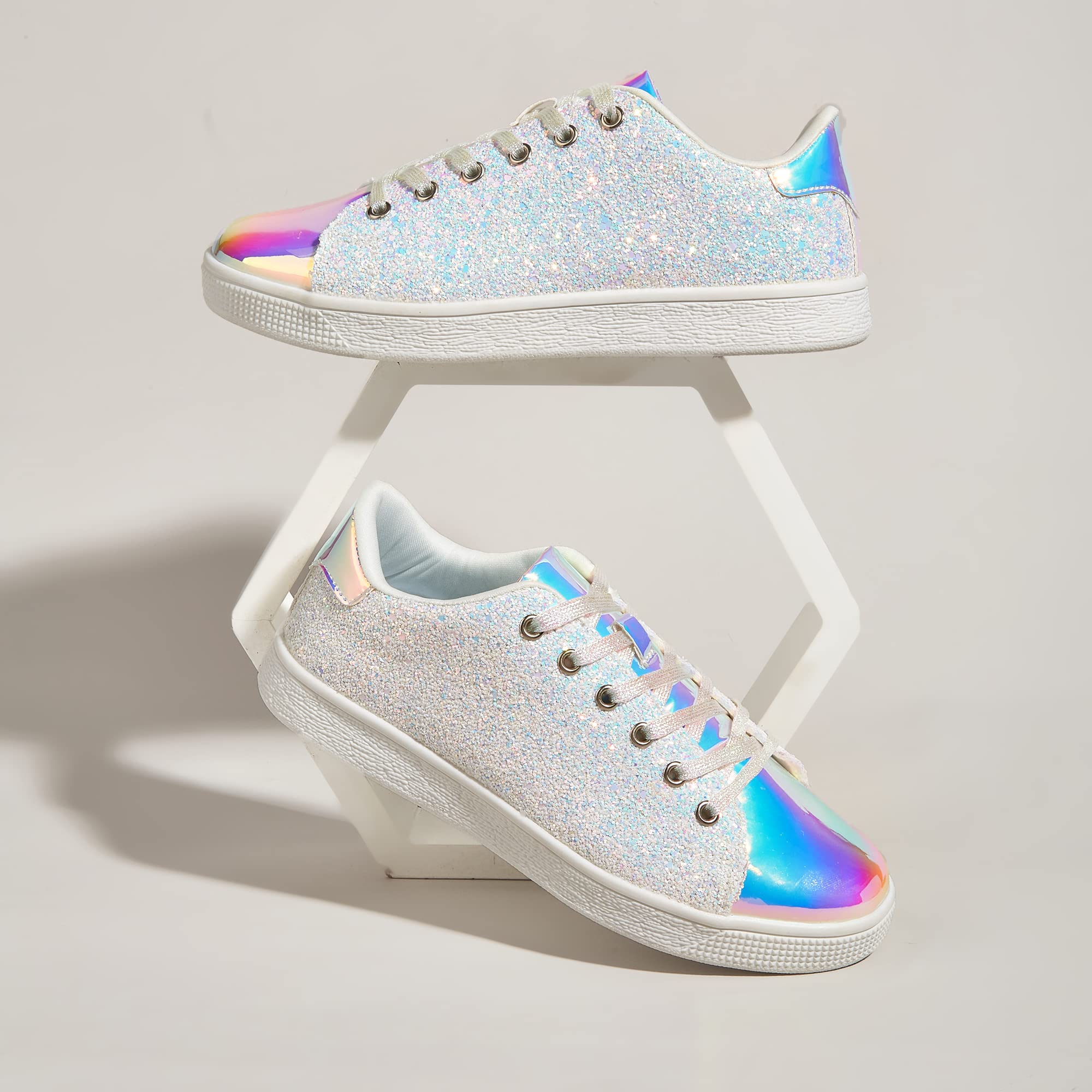 LUCKY STEP Women's Sparkly Glitter Shoes Bling Shiny | Sparkle Bedazzled Fashion Sneaker for Walking Wedding | Dressy Versatile Casual Style