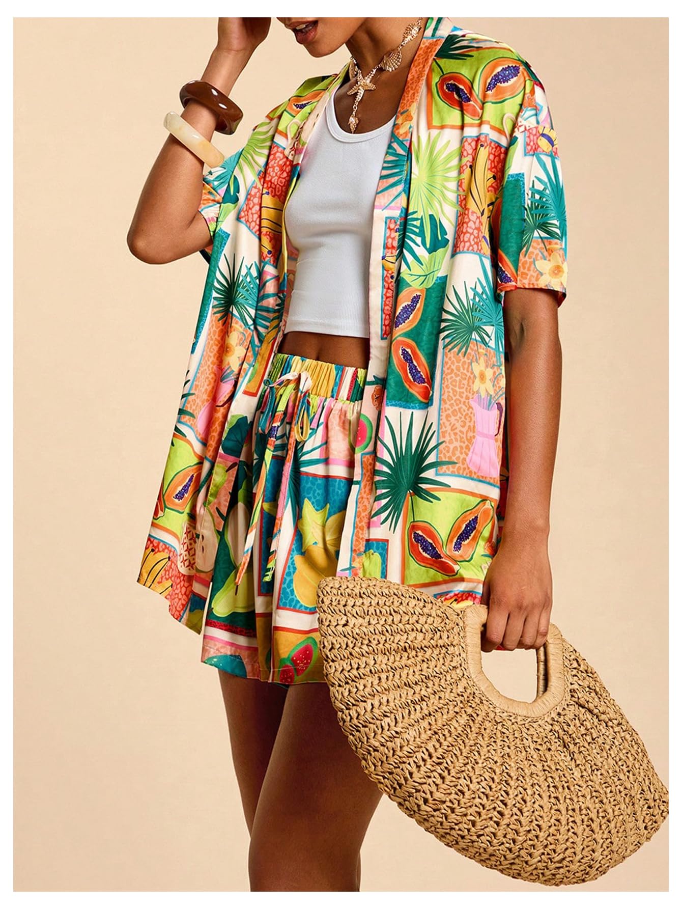 MakeMeChic Women's Two Piece Sets Summer Tropical Vacation Outfits Boho Floral Kimono Tops Shorts Set